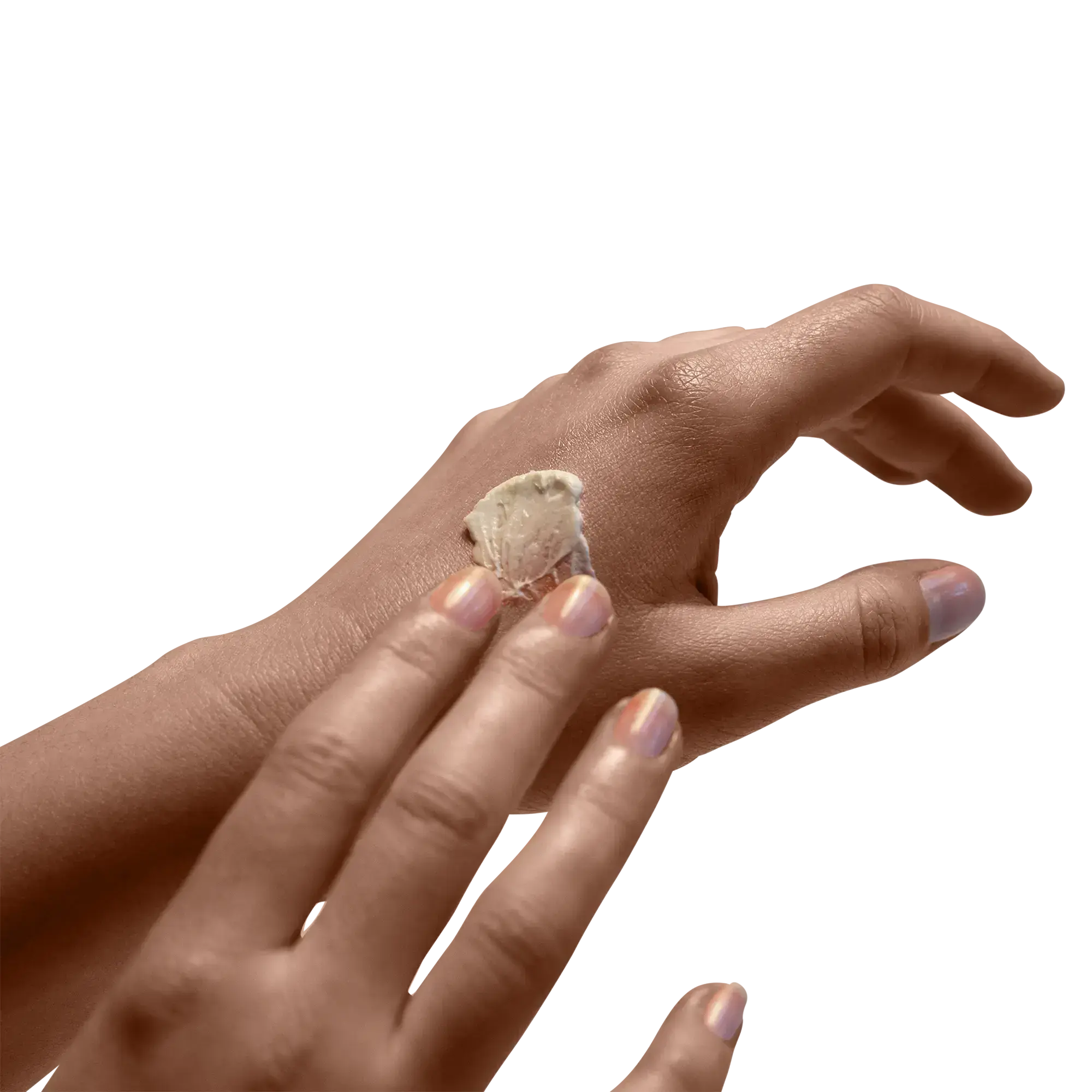 A hand demonstrating the smooth texture of Harmless Apothecary Hand Cream by Project Harmless – Handmade in Scotland with Shea Butter.