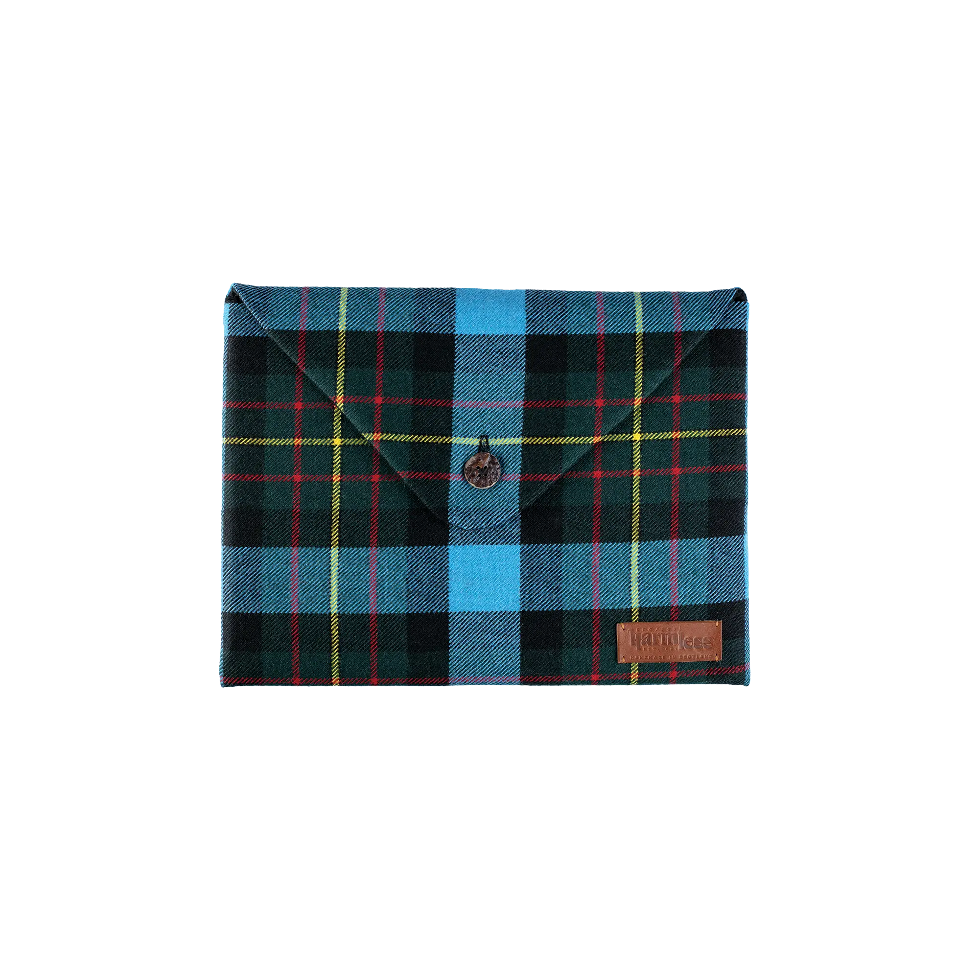 Full view of the Project Harmless Atelier MacBook Air Case in MacLaren tartan, highlighting its elegant profile, premium handcrafted details, handcrafted deer antler button closure, and leather patch reading ‘Project Harmless - Handmade in Scotland.’