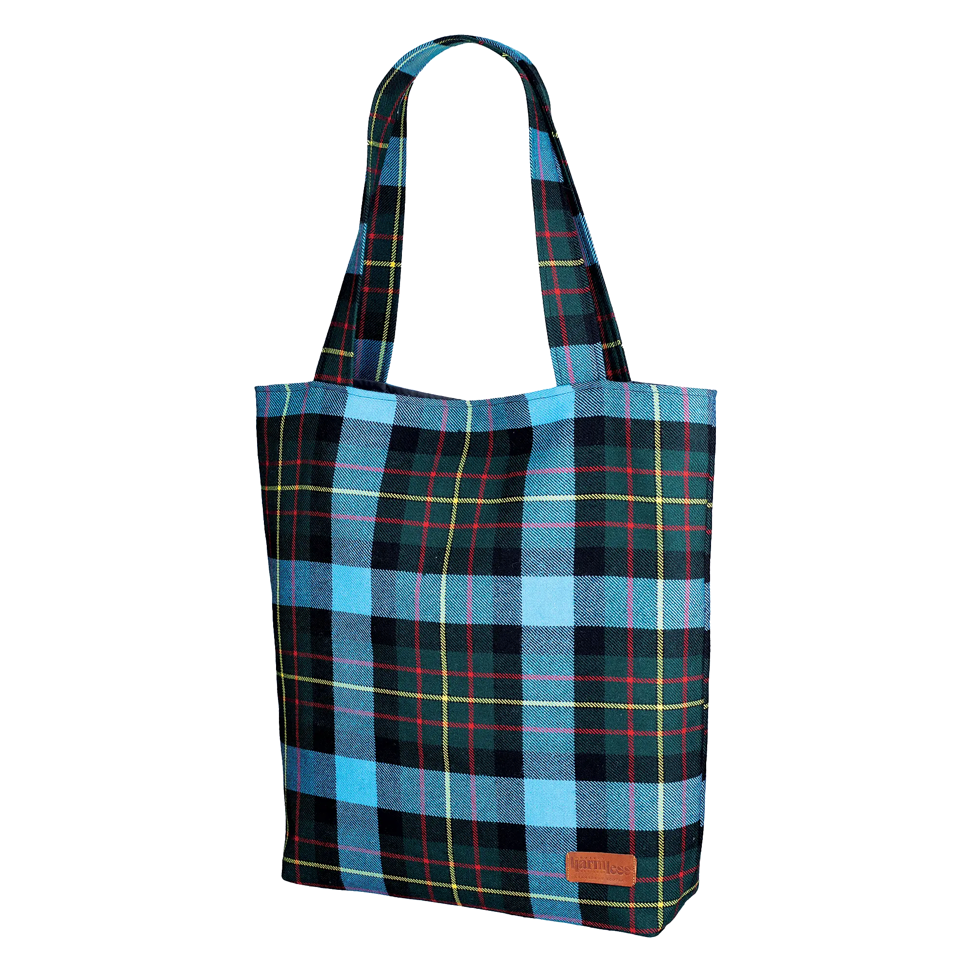 Side view of the Harmless Atelier MacLaren Oversized Carryall Bag showcasing its elegant craftsmanship and durable MacLaren tartan fabric.