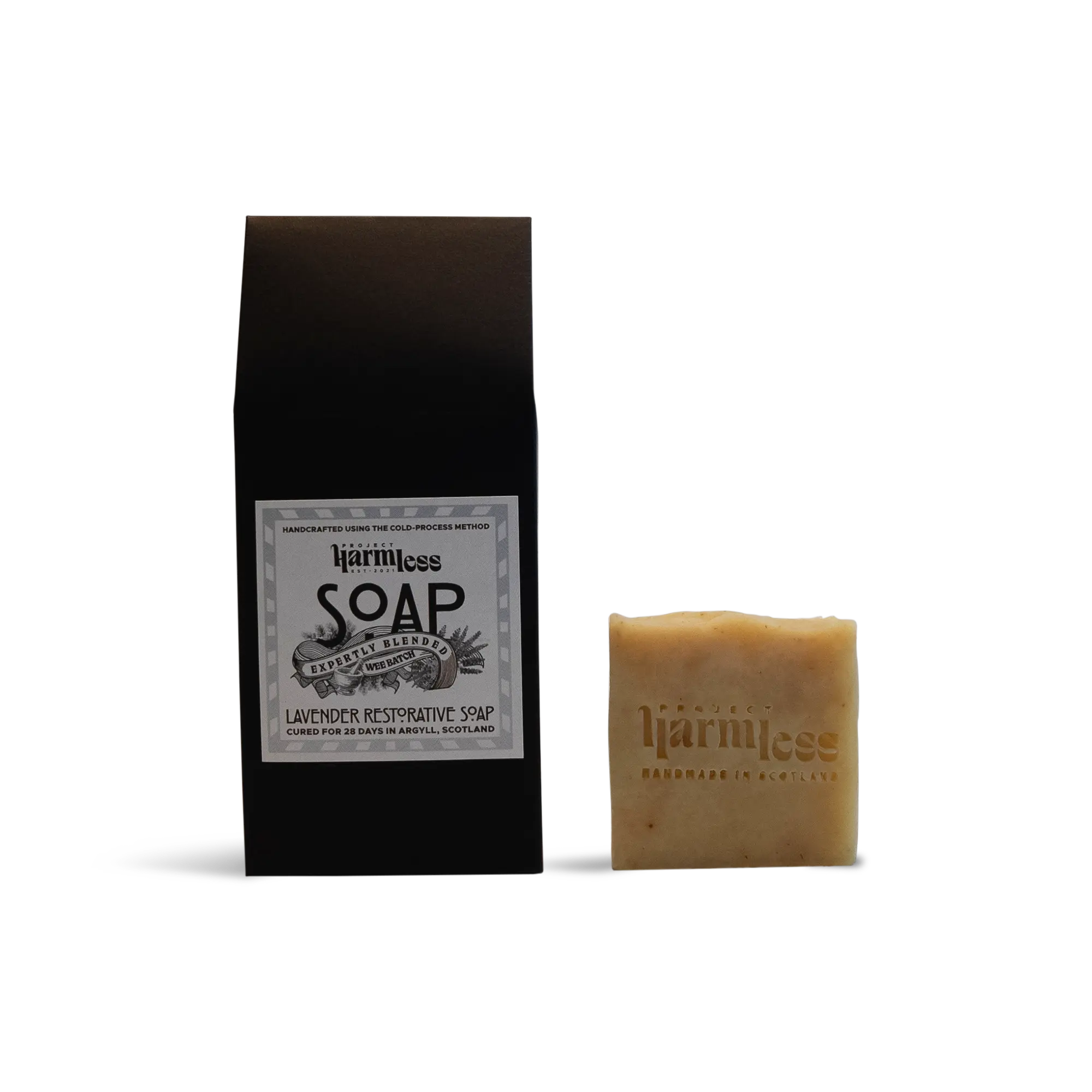 Scottish Lavender Restorative Soap with packaging reading 'Project Harmless Soap, Handmade and Cured for 28 Days in Scotland.