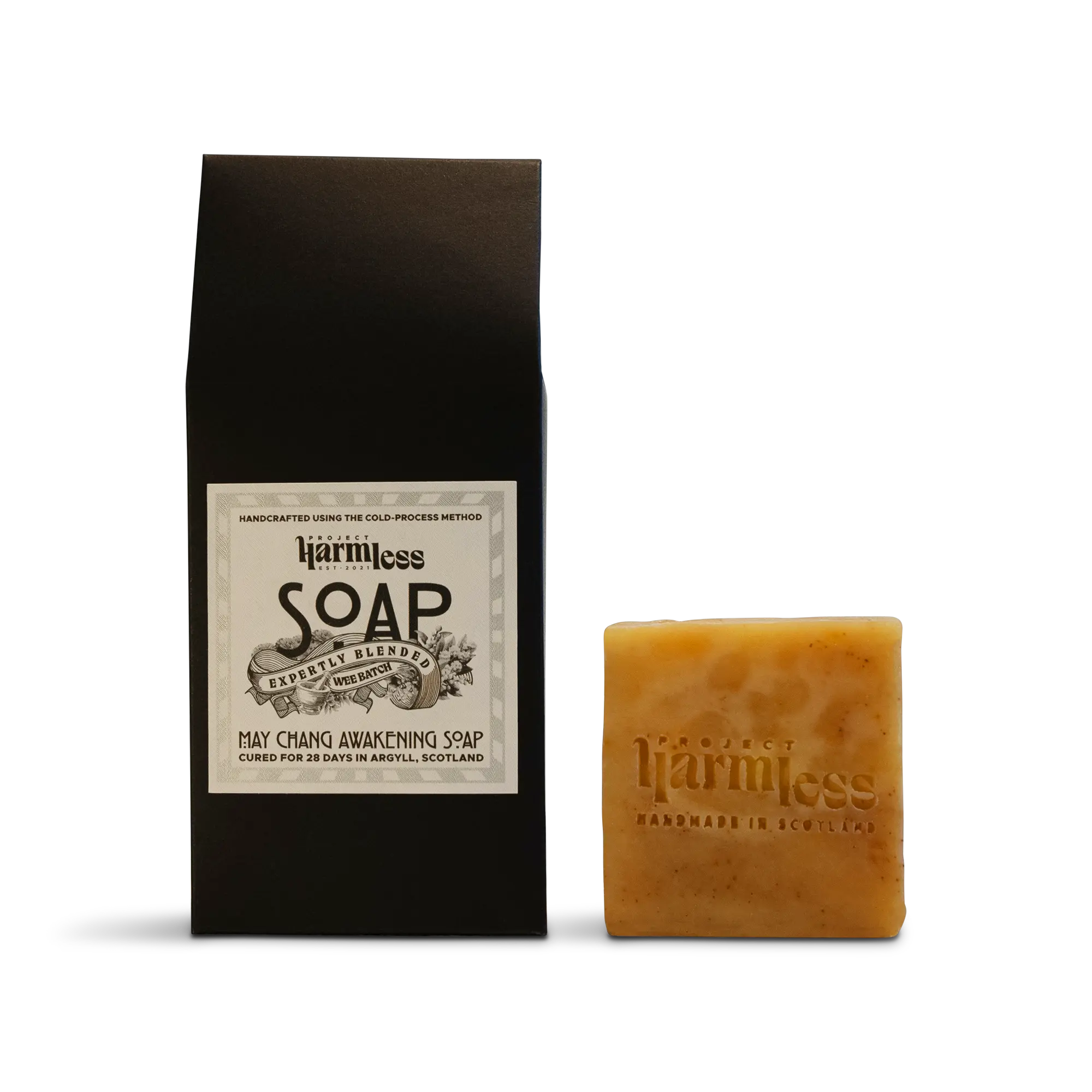 May Chang Awakening Soap with packaging reading 'Project Harmless Soap, Handmade and Cured for 28 Days in Scotland.