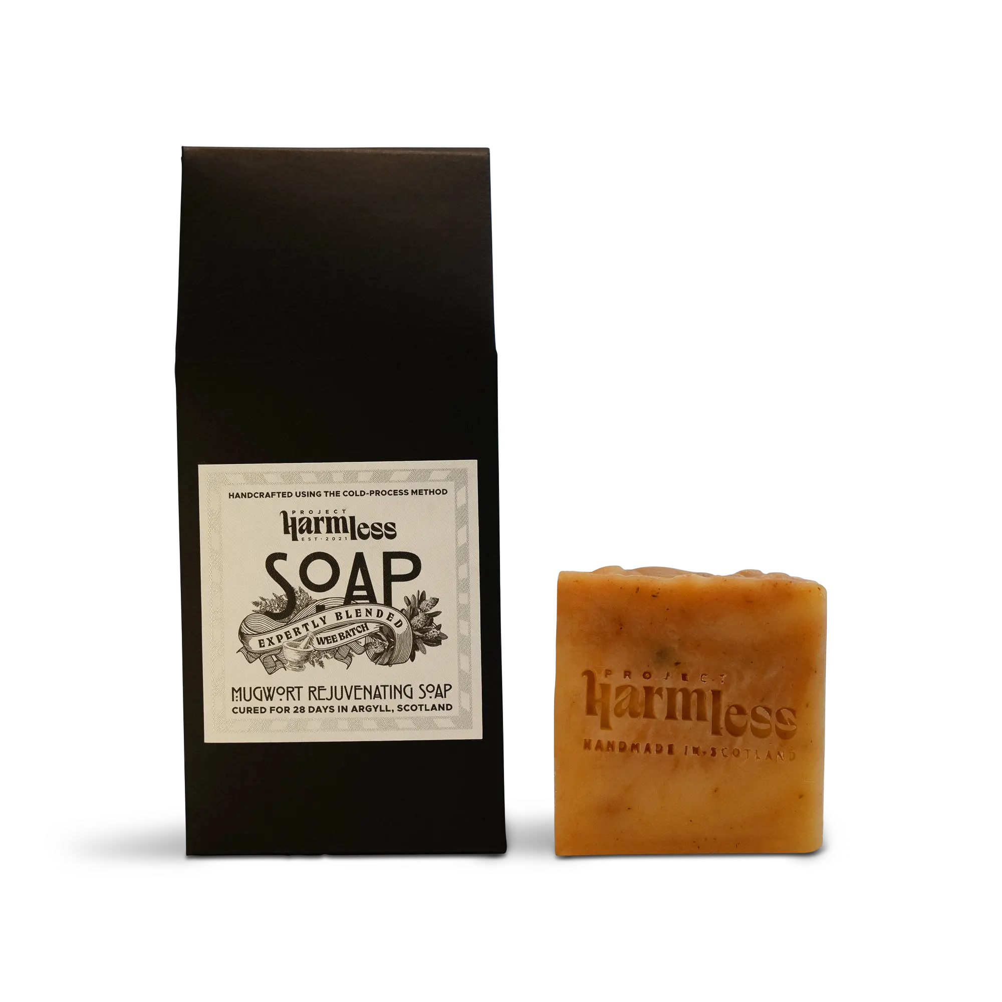 Project Harmless Mugwort Rejuvenating Soap with packaging that reads 'Handmade and Cured for 28 days in Scotland'.