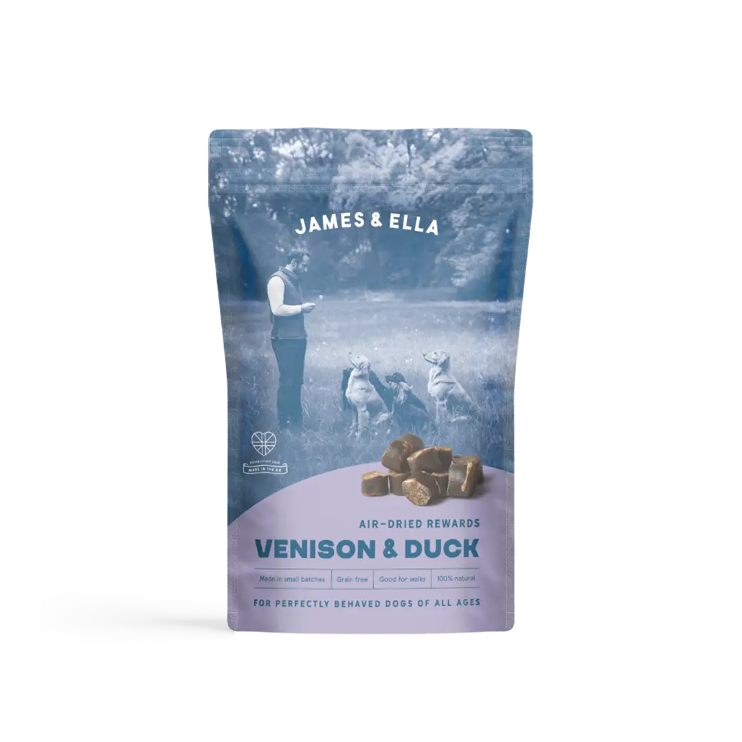 James and Ella Air-dried venison and duck dog treats package stocked by Project Harmless