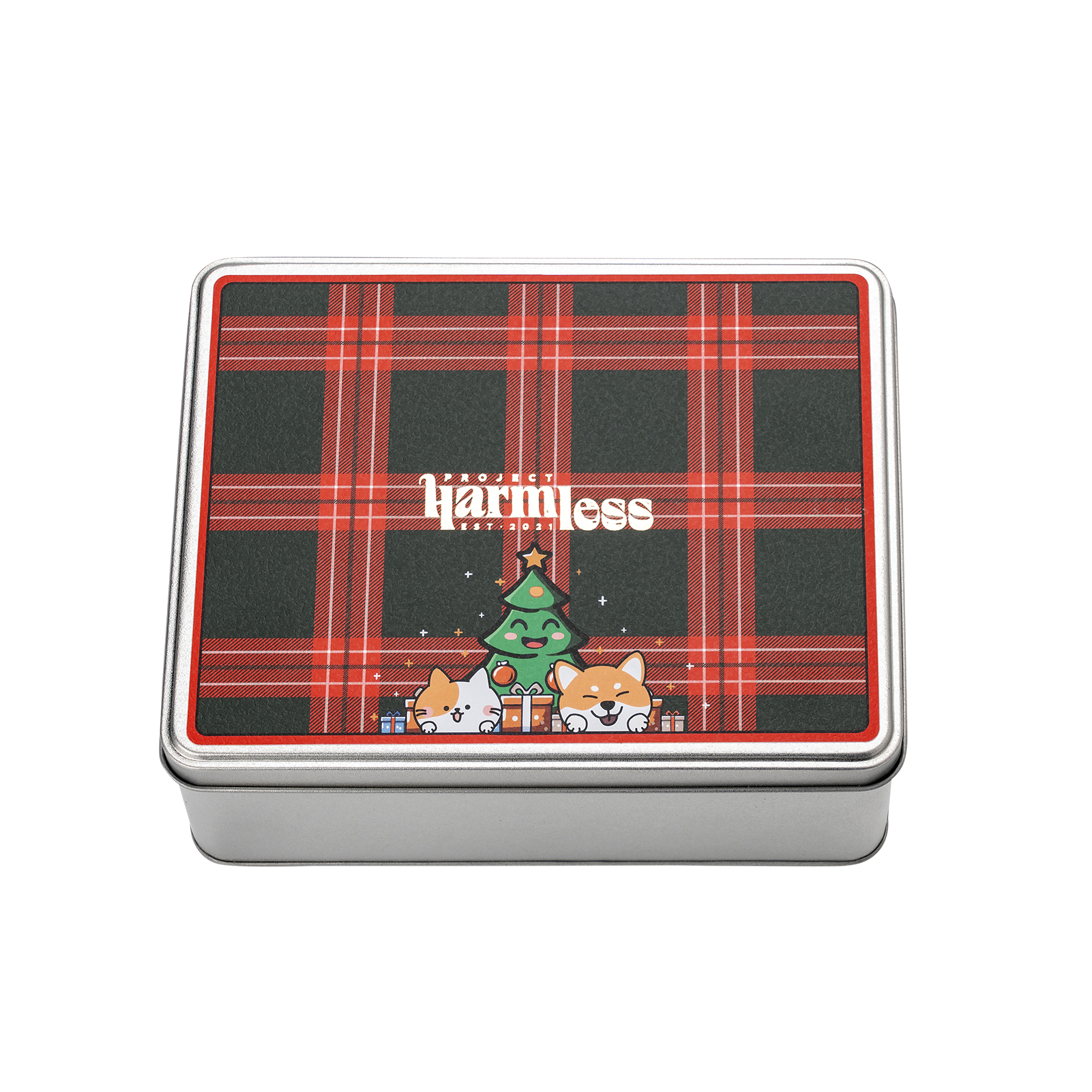 Rectangular tin of Project Harmless sustainable dog waste bags with red and green plaid pattern design featuring animal characters and the logo of 'Project Harmless'.