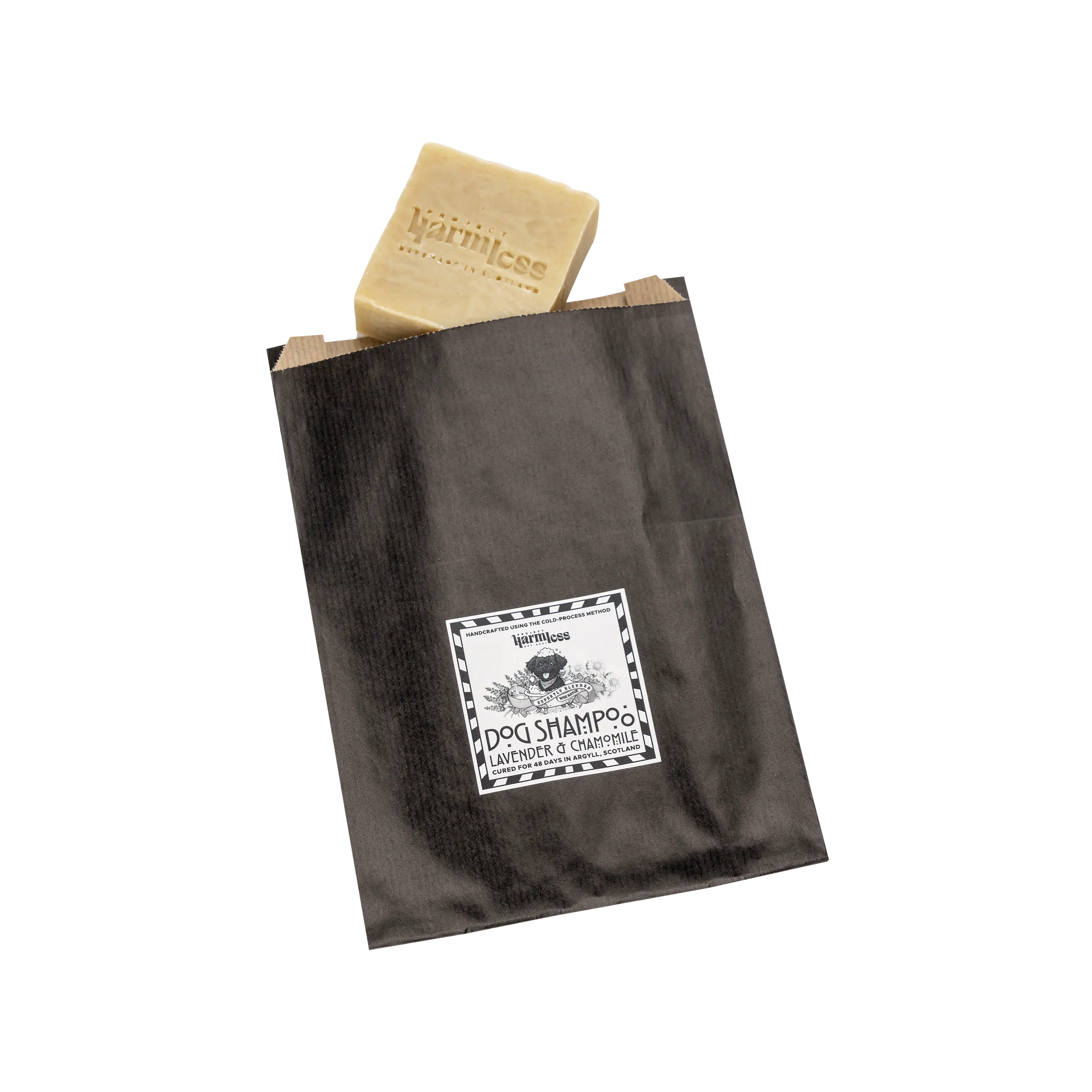Project Harmless Lavender & Chamomile Calming Dog Shampoo Bar with minimal eco-friendly packaging – handmade vegan pet shampoo bar, plastic-free and sustainable from Scotland.