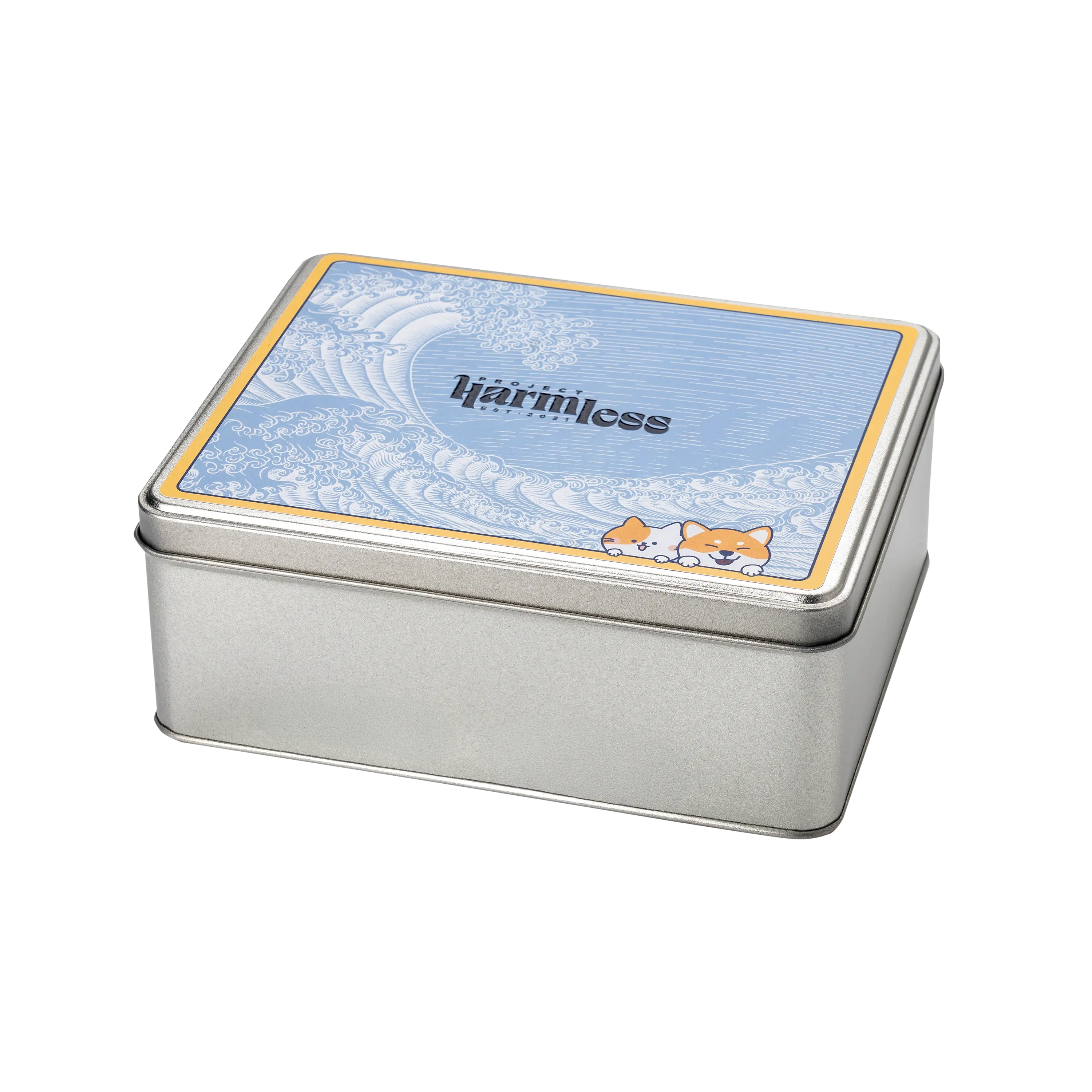 Side view of Harmless Poop Bag reusable plastic-free tin with dissolvable dog waste bags – eco-friendly zero-waste pet waste solution by Project Harmless.