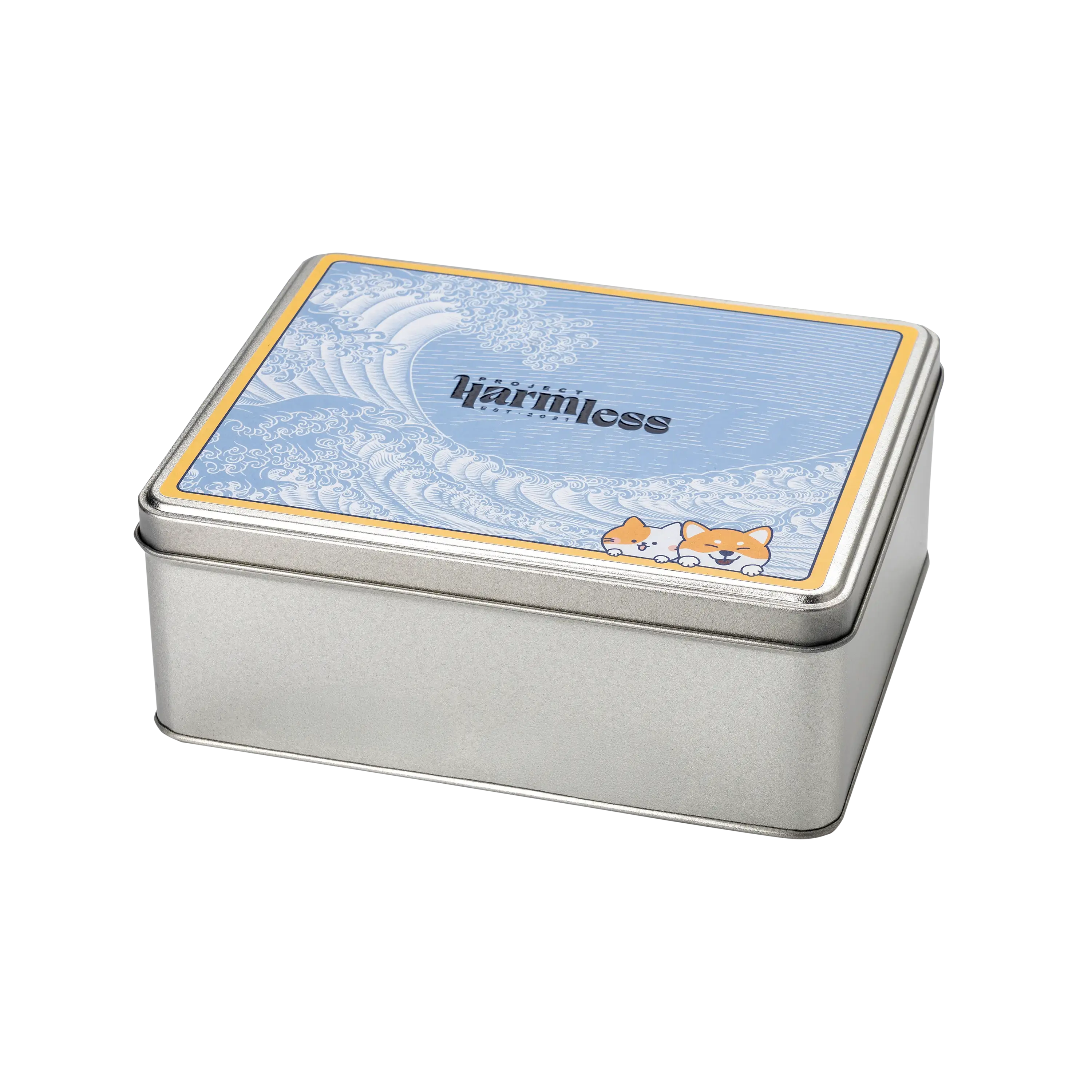 Side view of Harmless Poop Bag reusable plastic-free tin with dissolvable dog waste bags – eco-friendly zero-waste pet waste solution by Project Harmless.