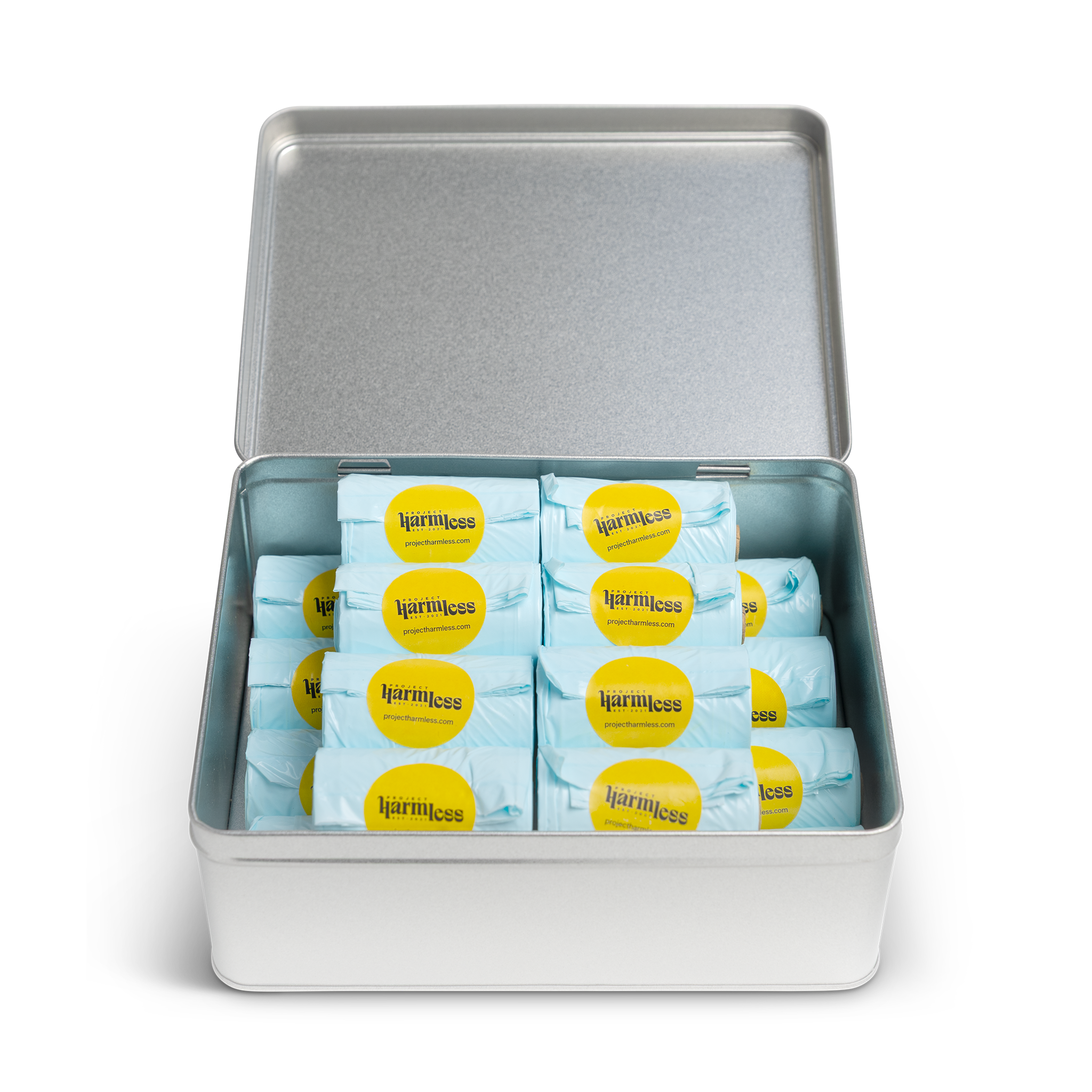 200 dissolvable dog poo bags in a reusable Project Harmless tin
