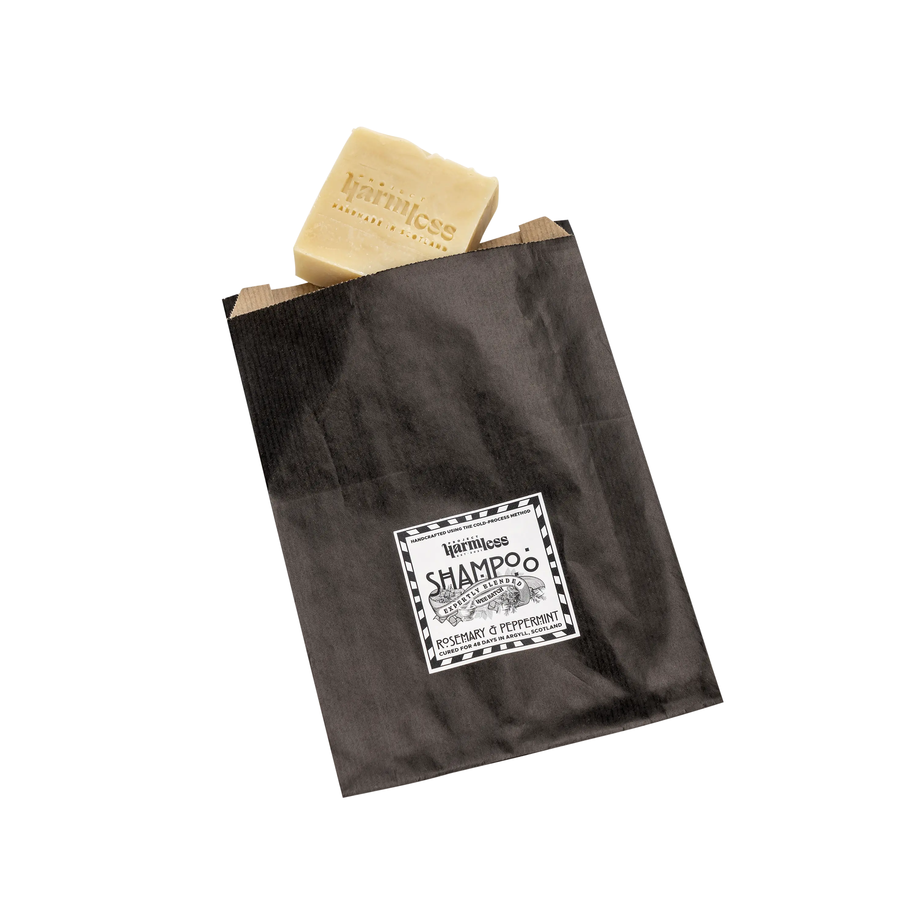 Project Harmless Rosemary & Peppermint Shampoo Bar in minimal eco-friendly packaging – handmade vegan solid shampoo bar, plastic-free and zero-waste from Scotland.