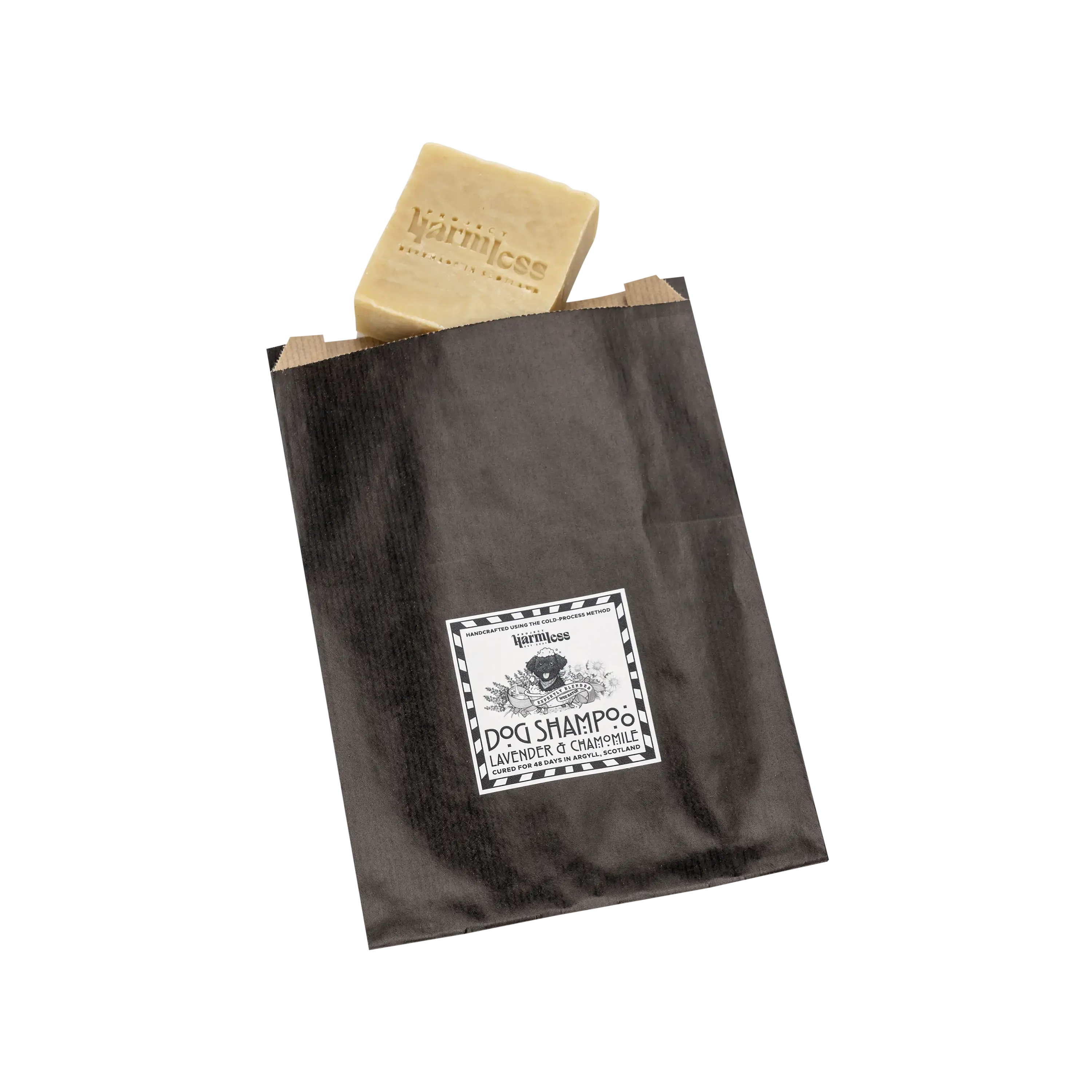 Harmless Apothecary lavender chamomile dog shampoo bar minimal plastic-free packaging handmade Scotland