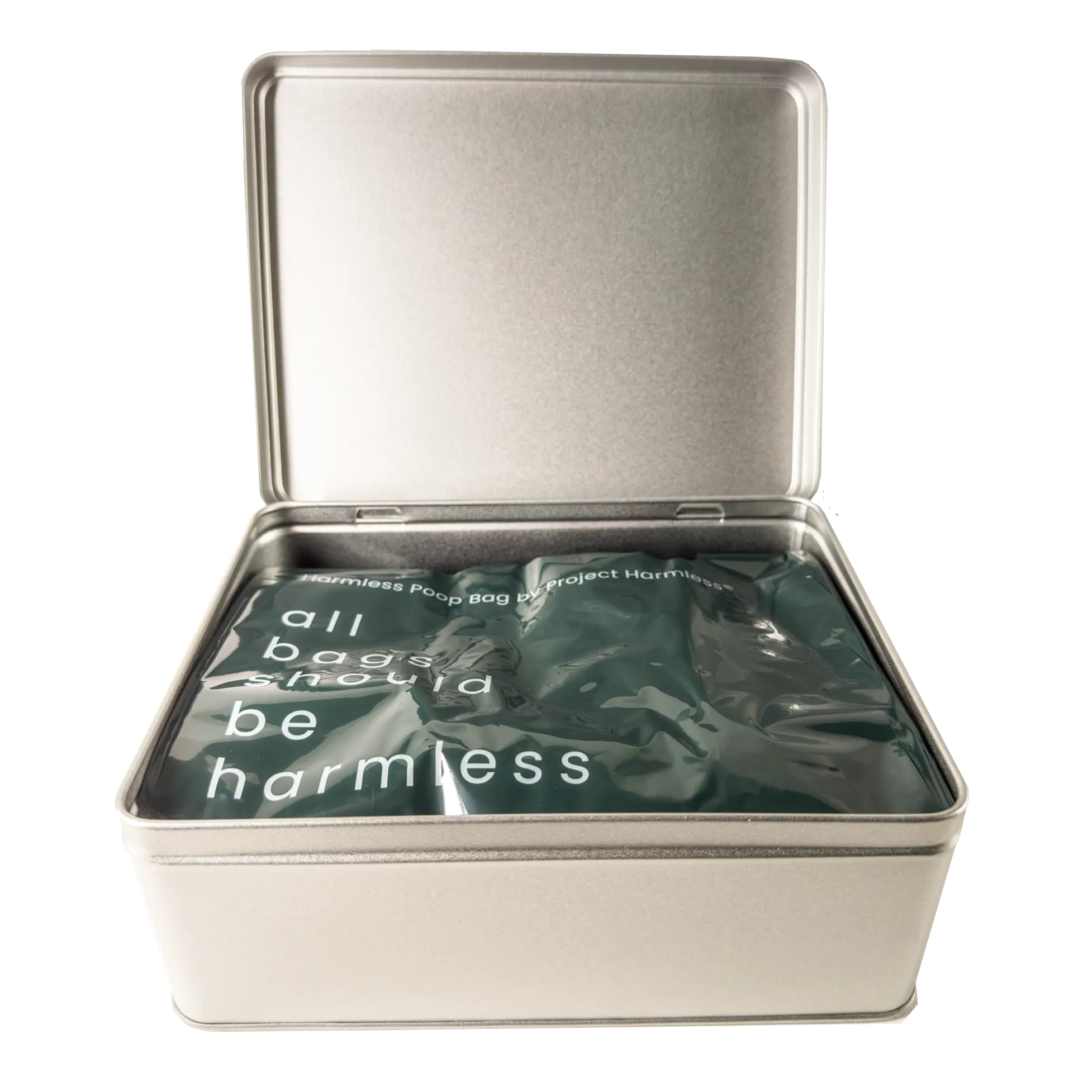Project Harmless tin open showing 100 dissolvable water-reactive dog poop bags UK