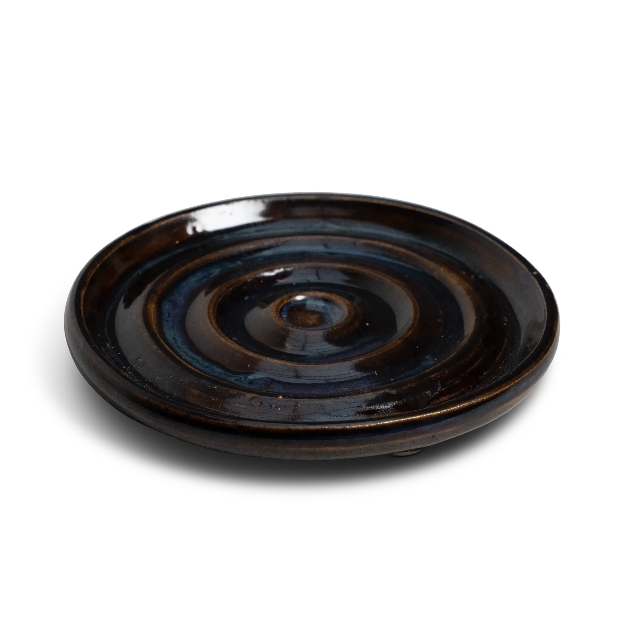 Side view of Project Harmless handmade stoneware soap dish in Northern Woods glaze, showing flux detailing and drainage design, handmade in Edinburgh, Scotland by a local artist.