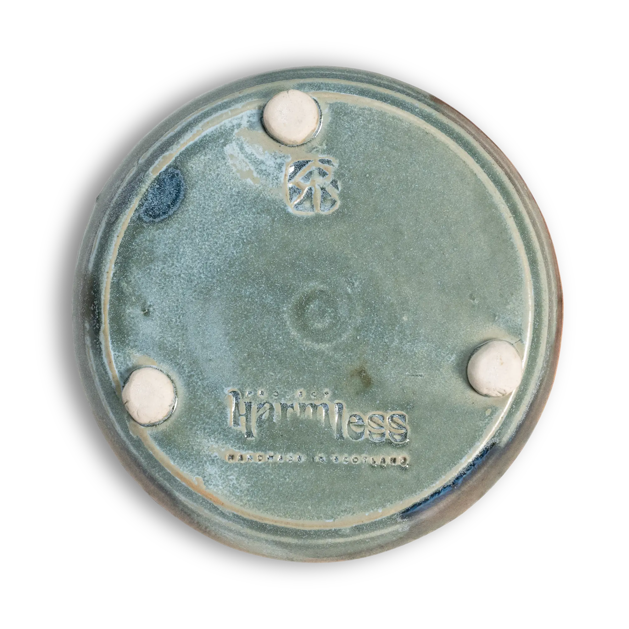 Base view of Project Harmless handmade Sea Mist stoneware soap dish, showing hand-thrown detail and artisan finish from Edinburgh, Scotland.