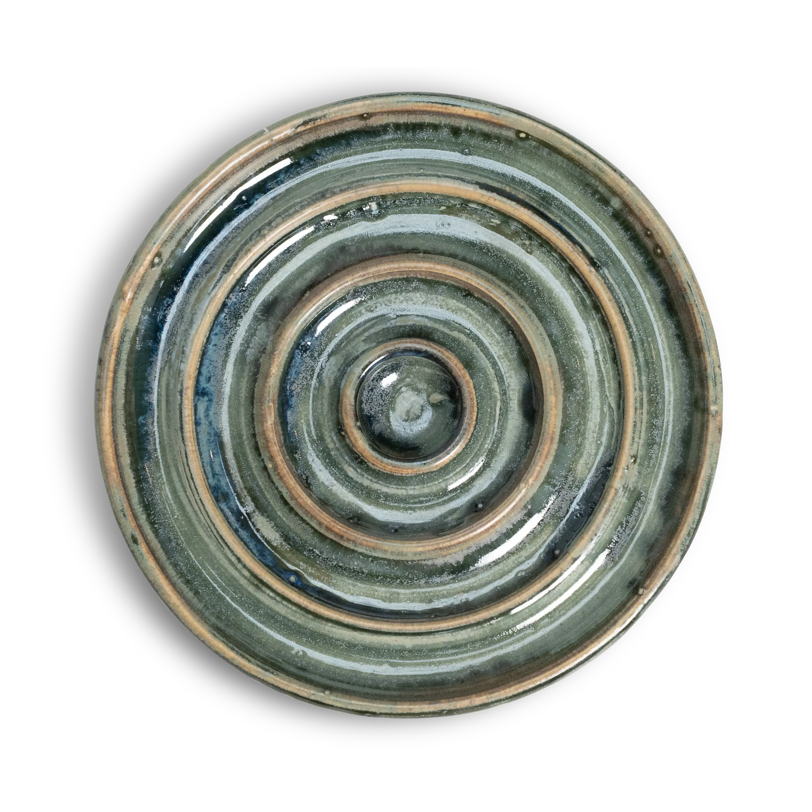 Top view of Project Harmless handmade stoneware soap dish in Sea Mist green-blue glaze, crafted in Edinburgh, Scotland by local ceramic artist Fiona Reid.