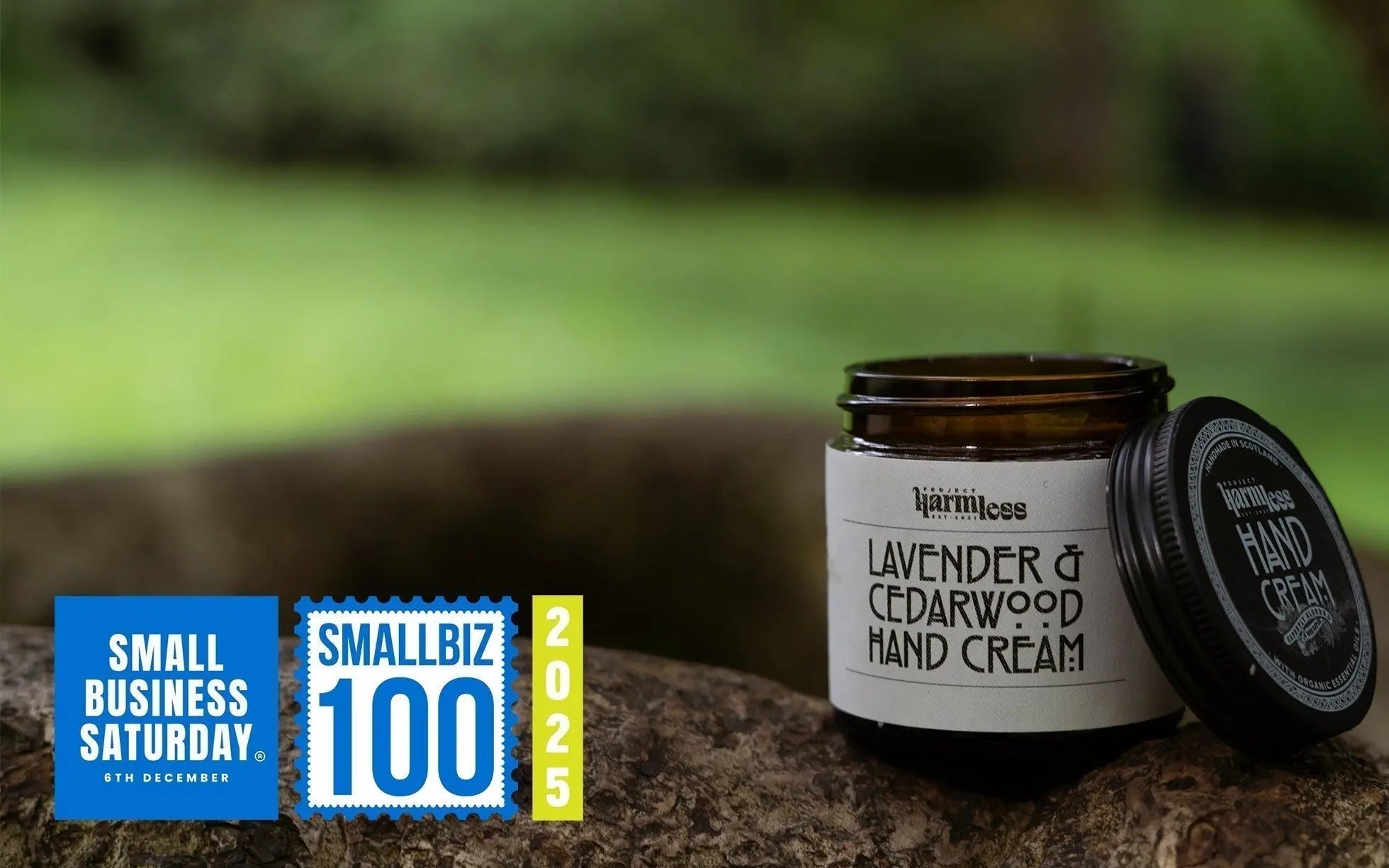Project Harmless Hand Cream, handmade in Scotland, with SmallBiz100 2025 branding overlay.