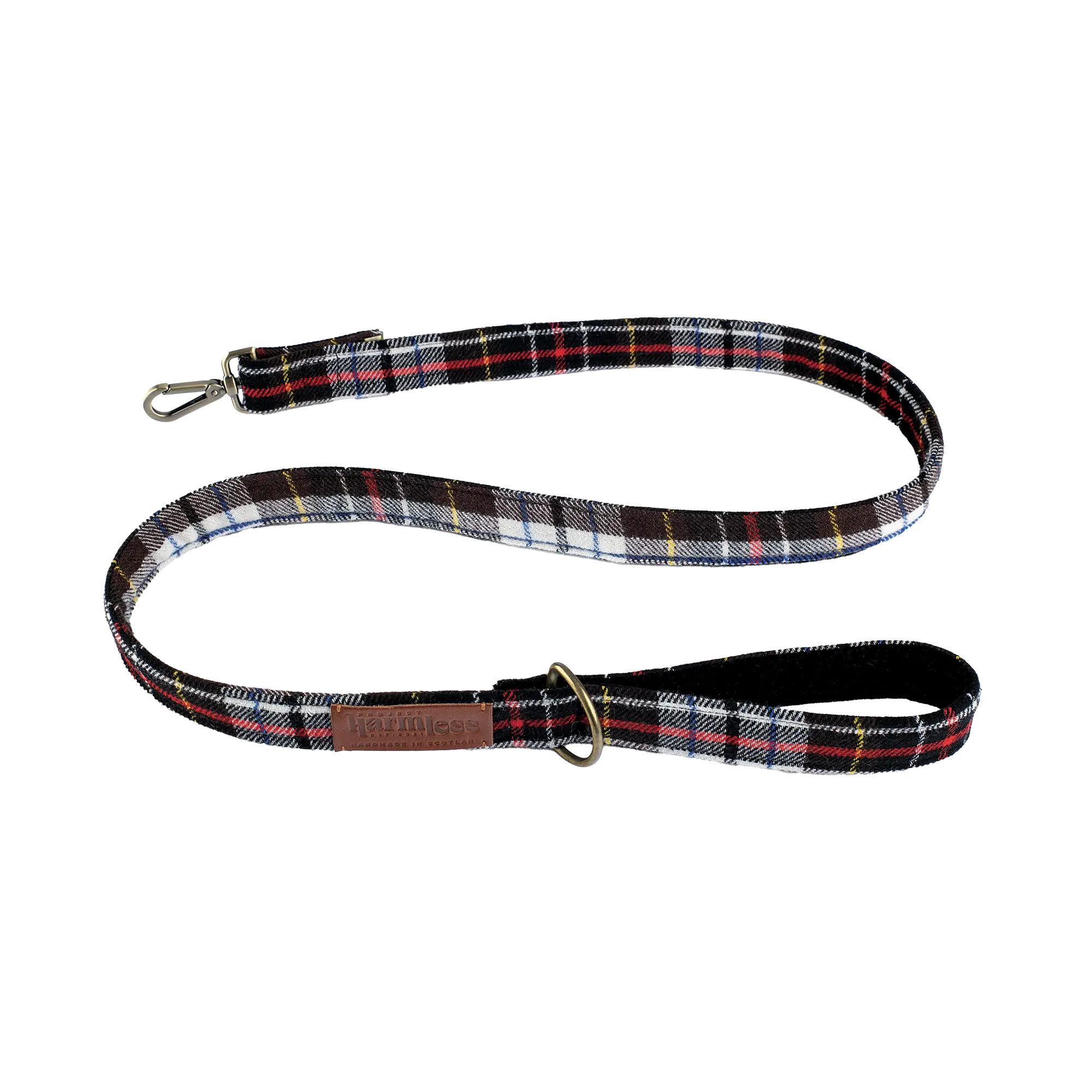 Harmless Atelier tartan dog lead full view showing 1970 Commonwealth Games fabric leather patch and metal D-ring handmade in Scotland by Project Harmless