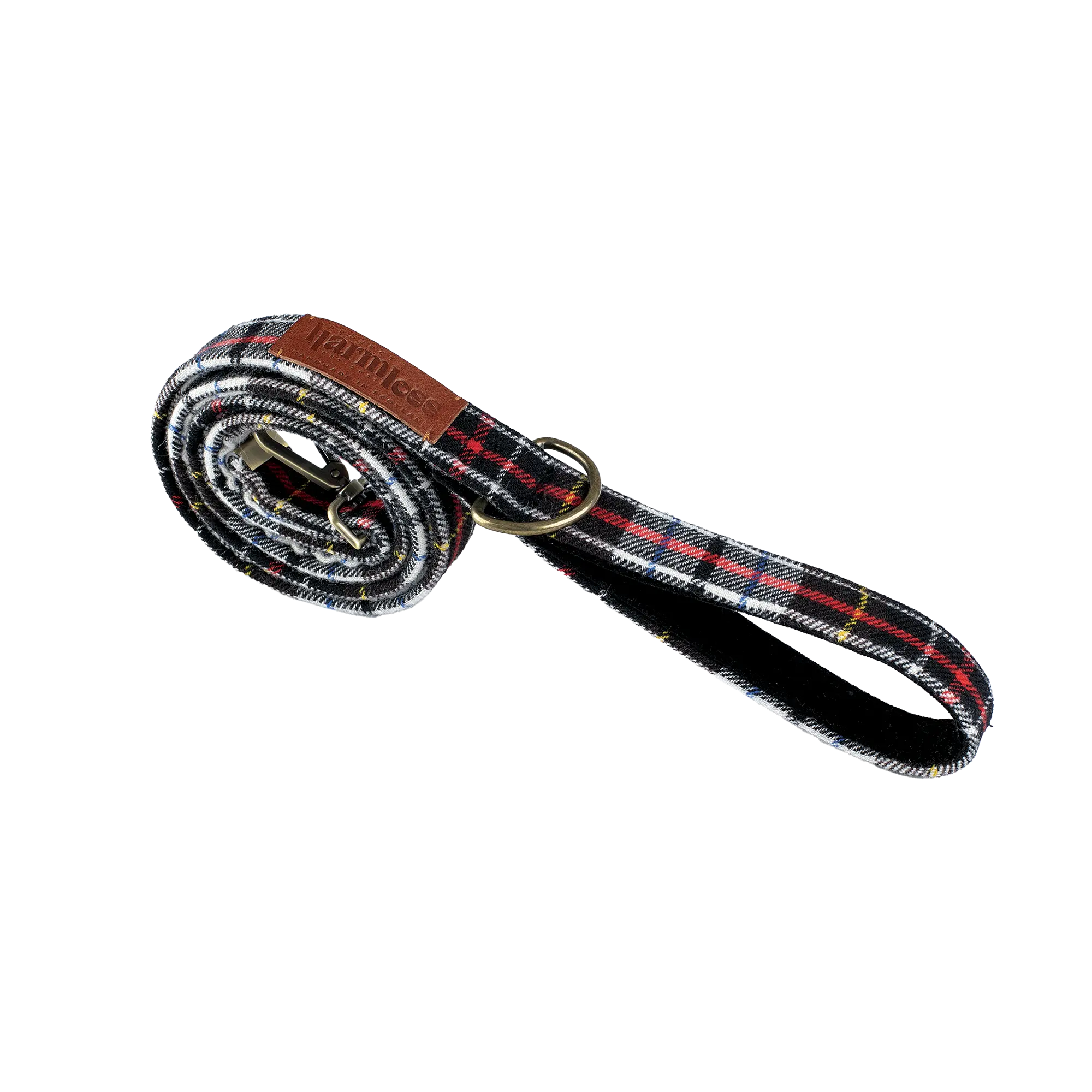 Rolled Harmless Atelier tartan dog lead made from 1970 Commonwealth Games fabric with leather patch and metal D-ring handmade in Scotland by Project Harmless