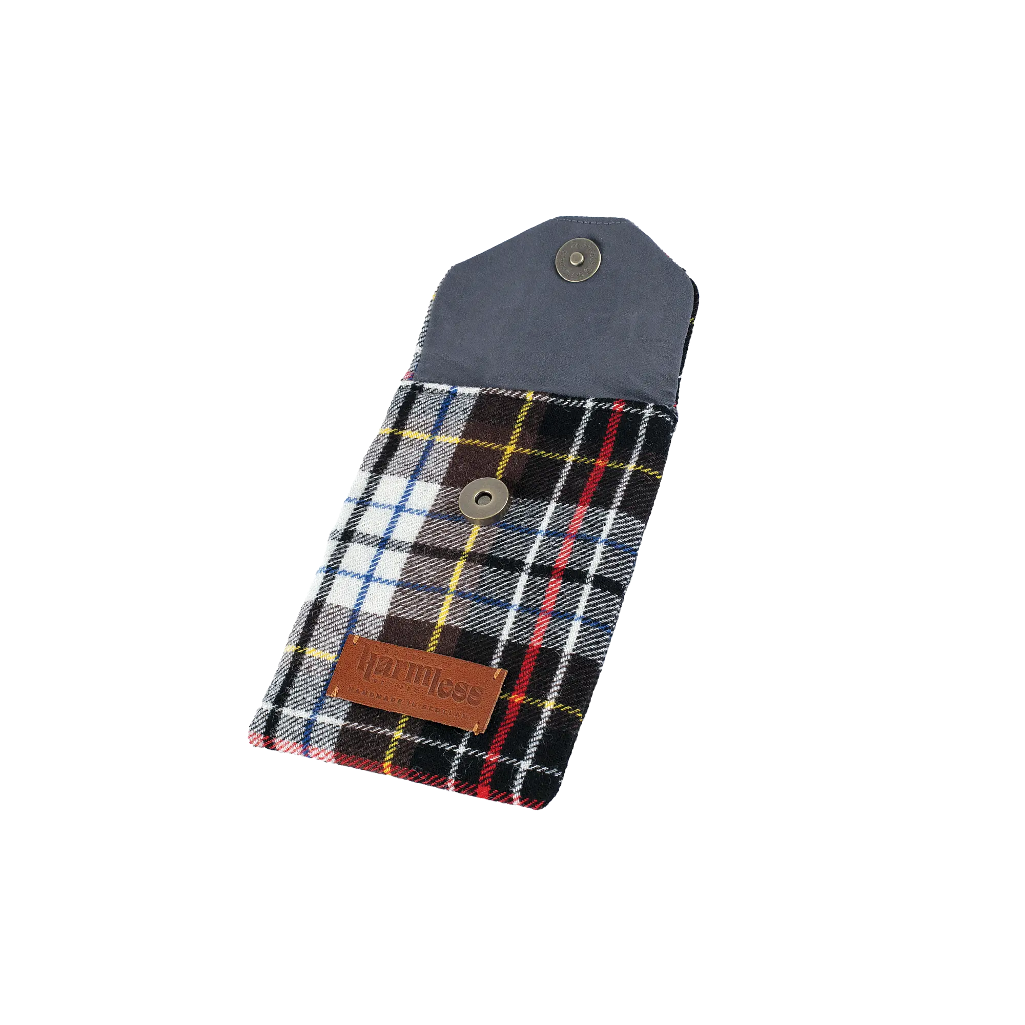 1970 Edinburgh Commonwealth Games tartan wool pouch open showing waxed cotton lining handmade in Scotland by Project Harmless