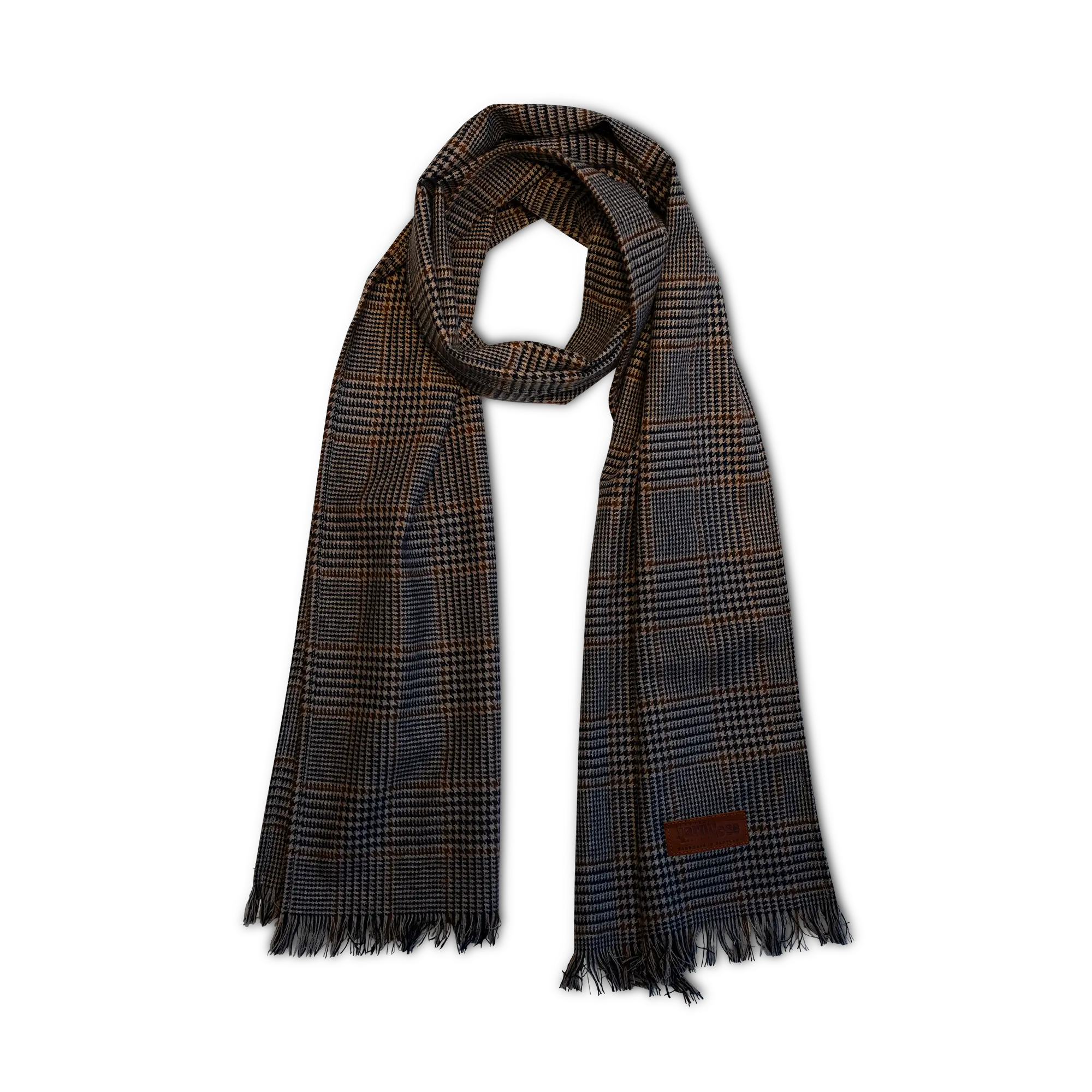 Full view of the Harmless Atelier District Check Merino Scarf, showcasing its classic design and luxurious softness, expertly handmade by Project Harmless in the Scottish Borders, Scotland.