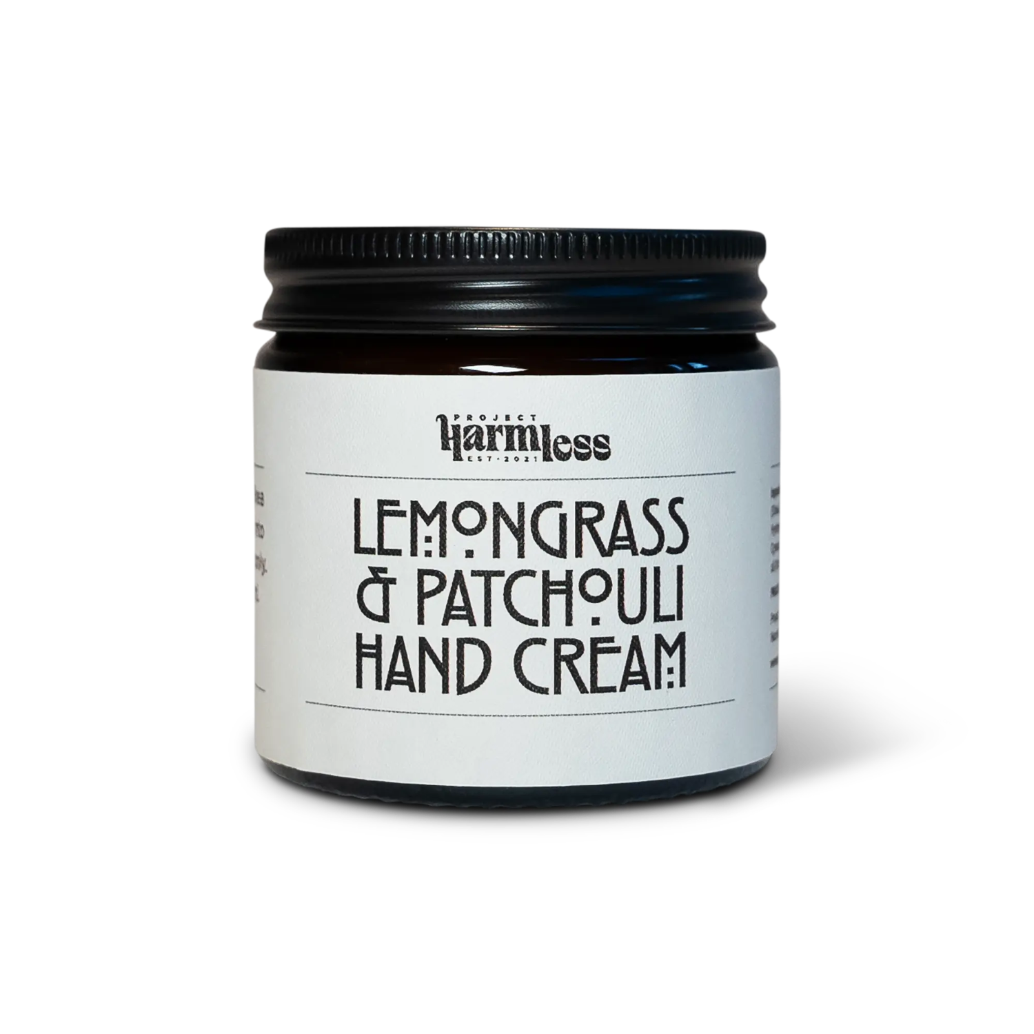 Harmless Apothecary by Project Harmless Lemongrass & Patchouli Hand Cream in a premium black glass jar, handcrafted in Scotland.