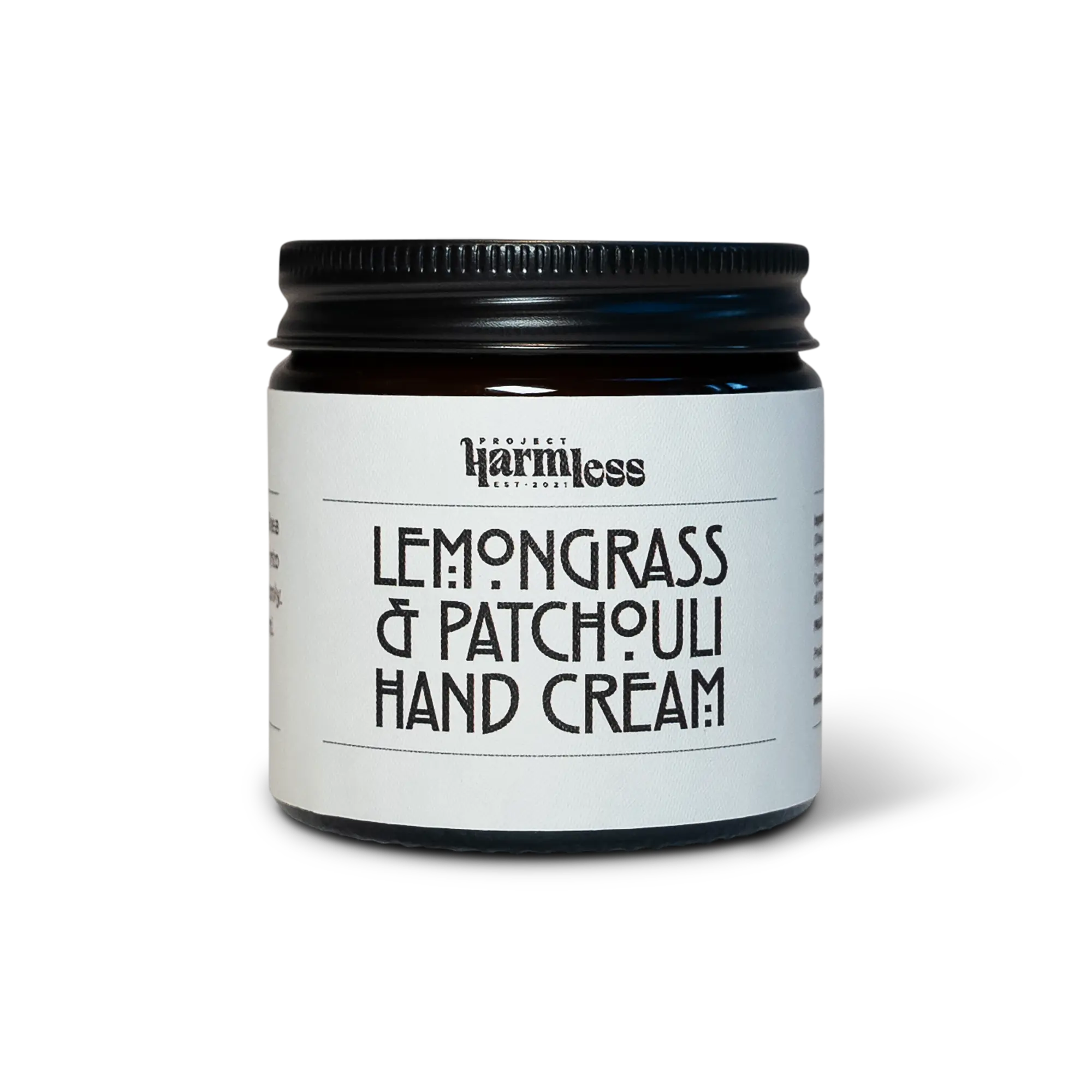 Harmless Apothecary by Project Harmless Lemongrass & Patchouli Hand Cream in a premium black glass jar, handcrafted in Scotland.