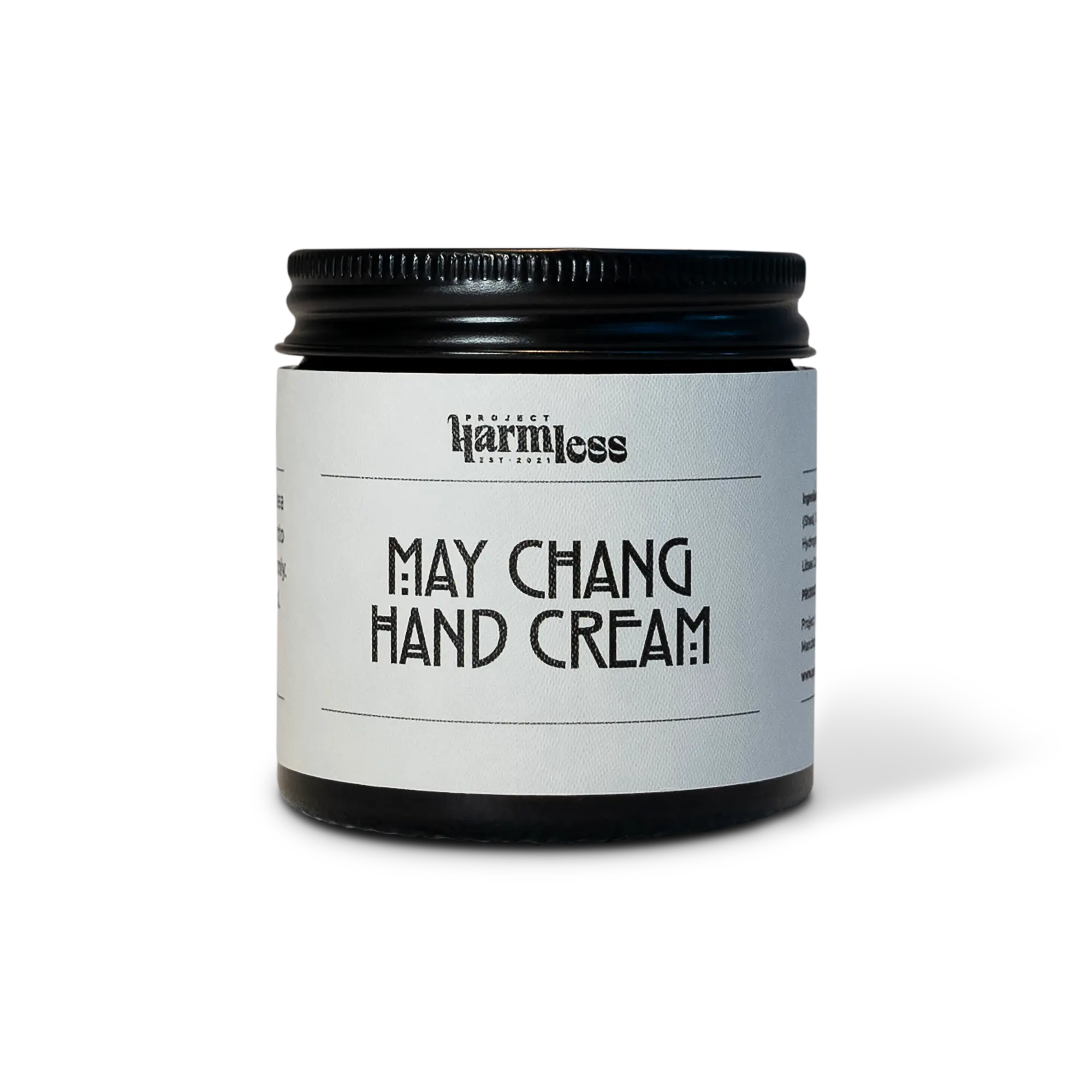 Full view of Harmless Apothecary May Chang hand cream by Project Harmless. Handmade in small batches in Scotland with organic essential oils and packaged in a premium black jar.