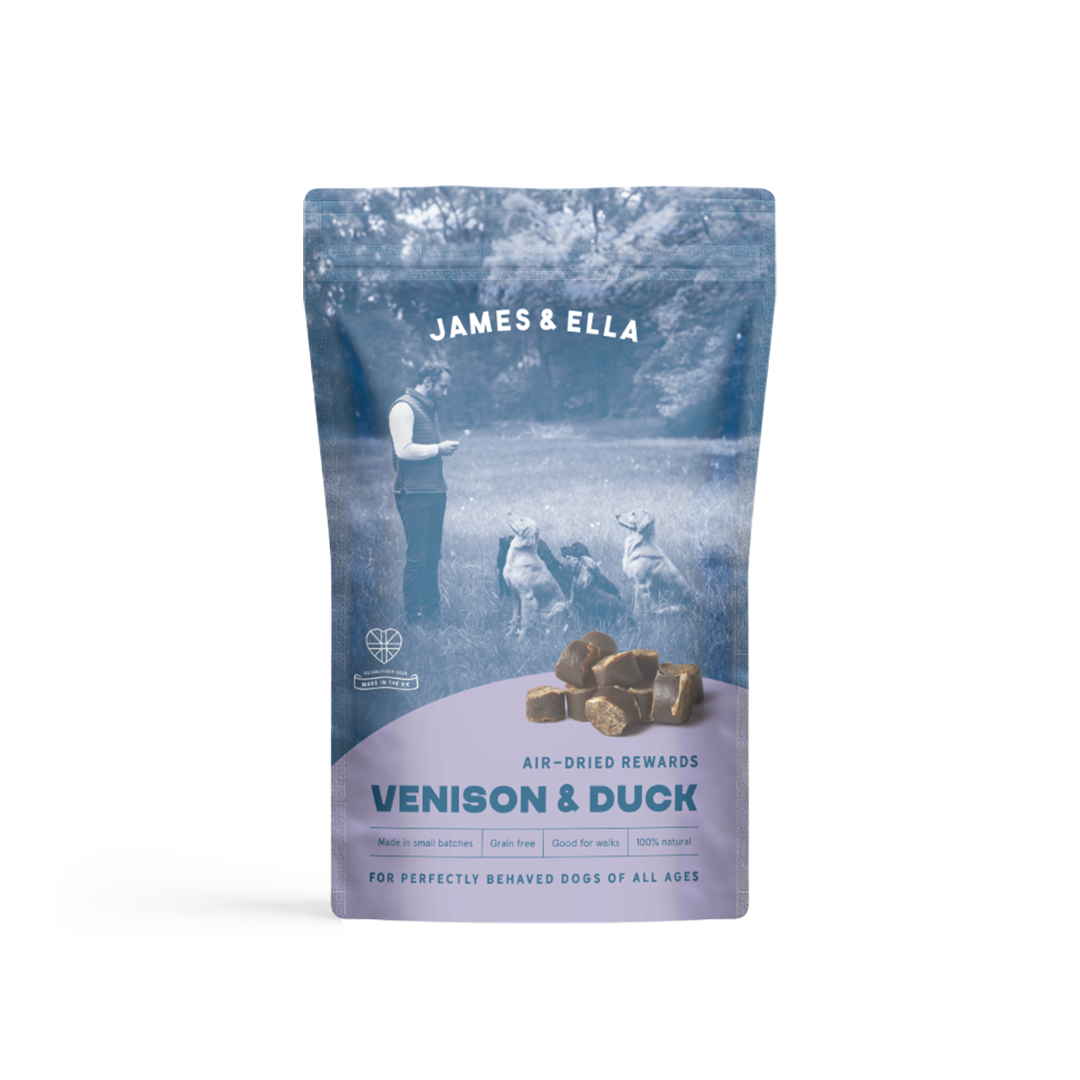 James and Ella Air-dried venison and duck dog treats package stocked by Project Harmless