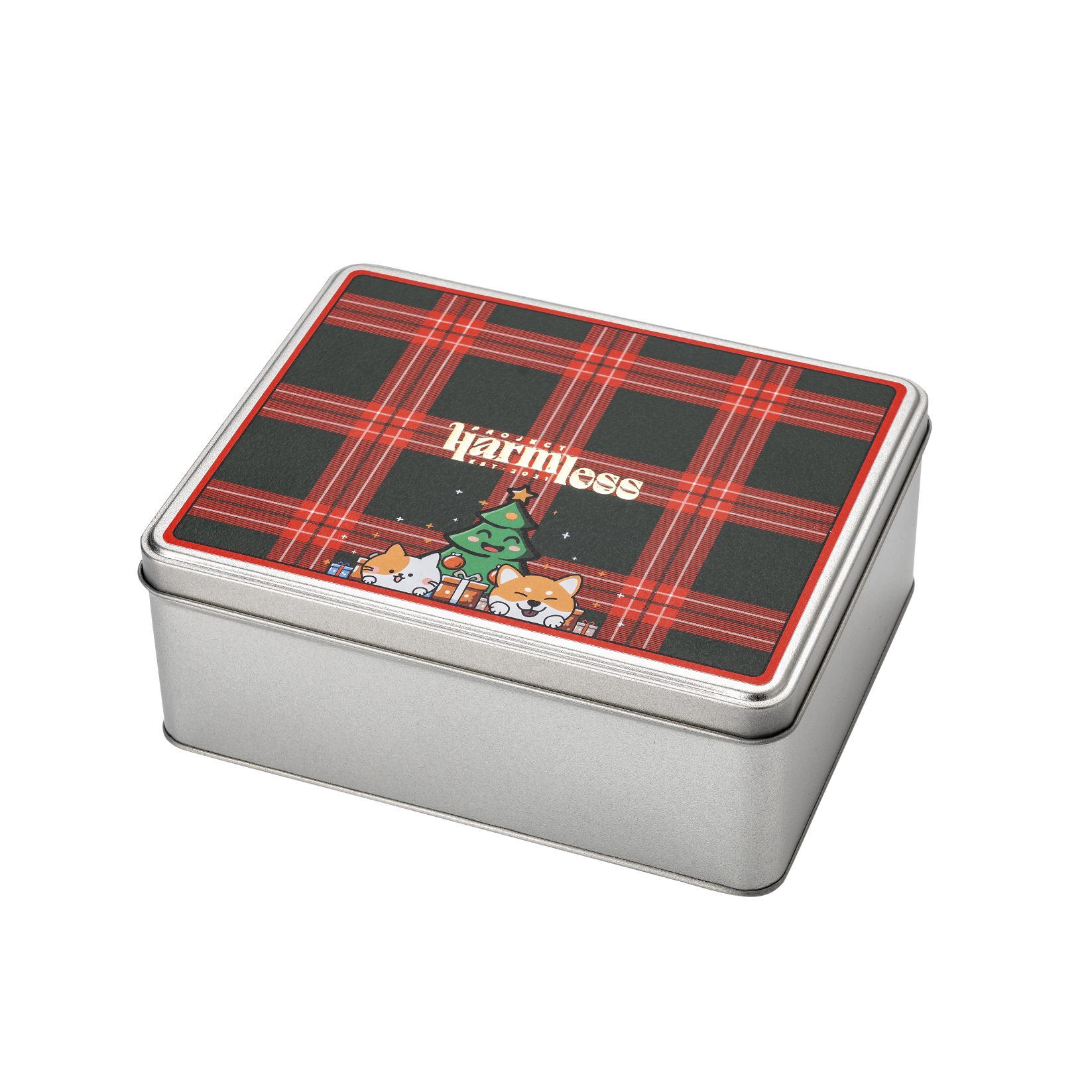 Side view of a rectangular tin of Project Harmless sustainable dog waste bags with red and green plaid pattern design featuring animal characters and the logo of 'Project Harmless'.