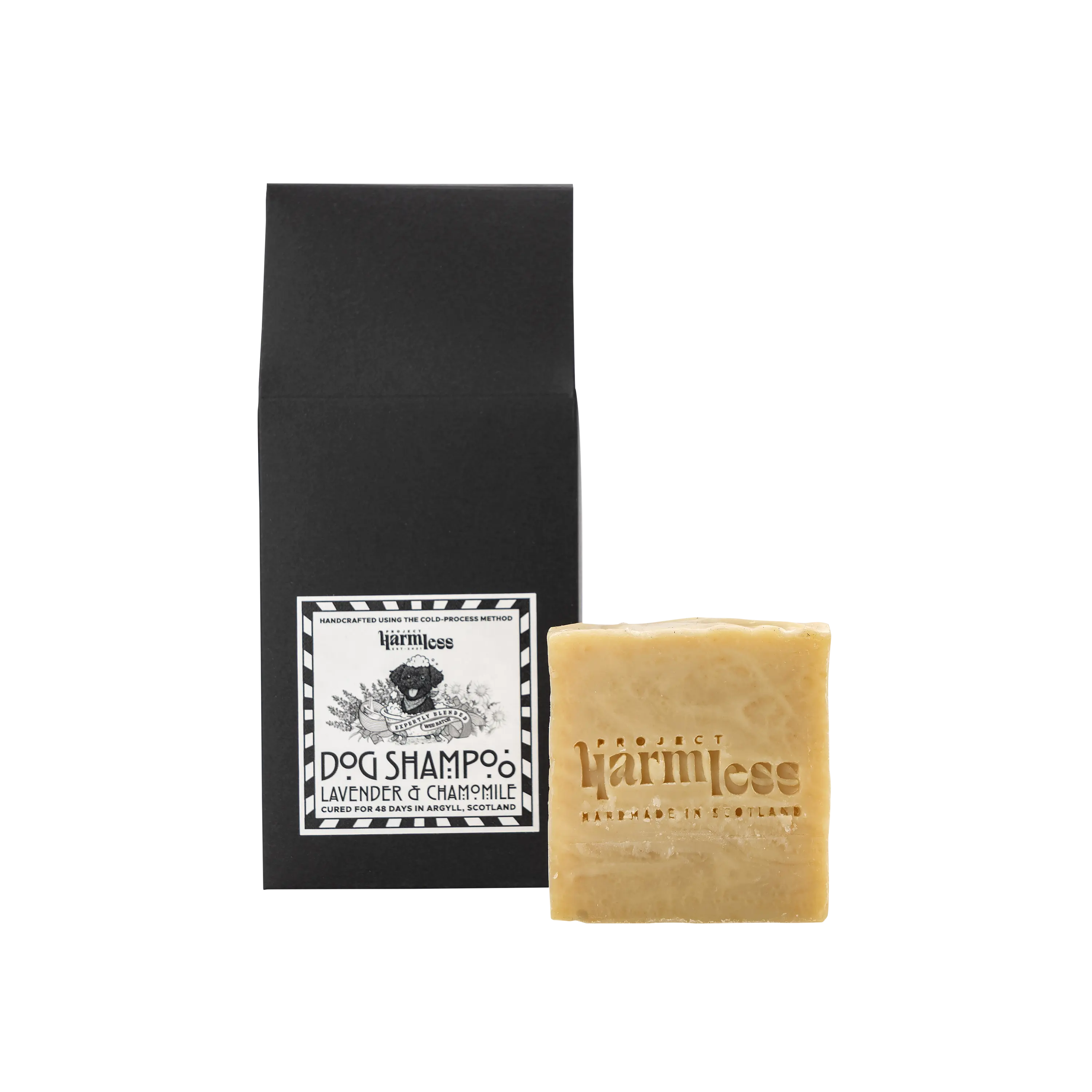 Eco-friendly Lavender & Chamomile Calming Dog Shampoo Bar by Project Harmless – handmade plastic-free natural pet shampoo for gentle dog grooming, safe for sensitive skin.