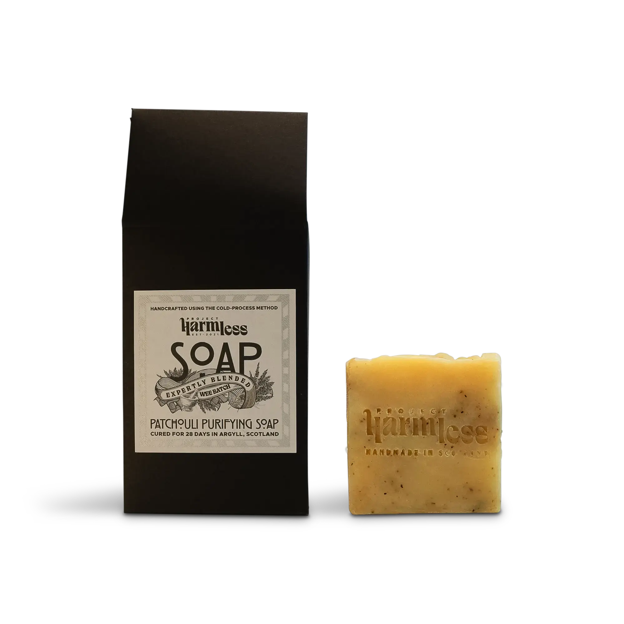 Harmless Apothecary patchouli rosemary and lavender purifying soap bar with packaging handmade in Scotland