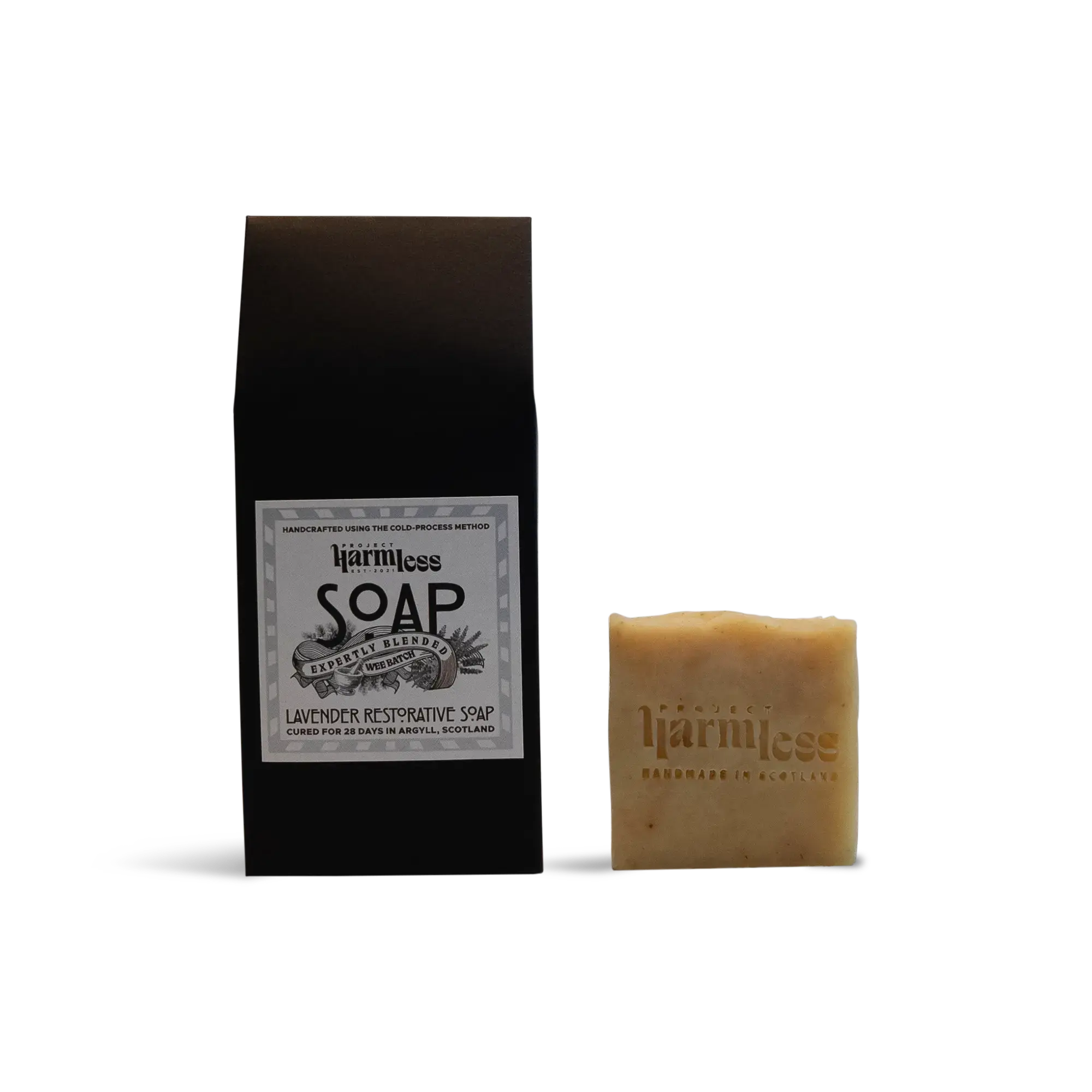 Harmless Apothecary Scottish lavender soap with packaging handmade and cured 28 days in Scotland