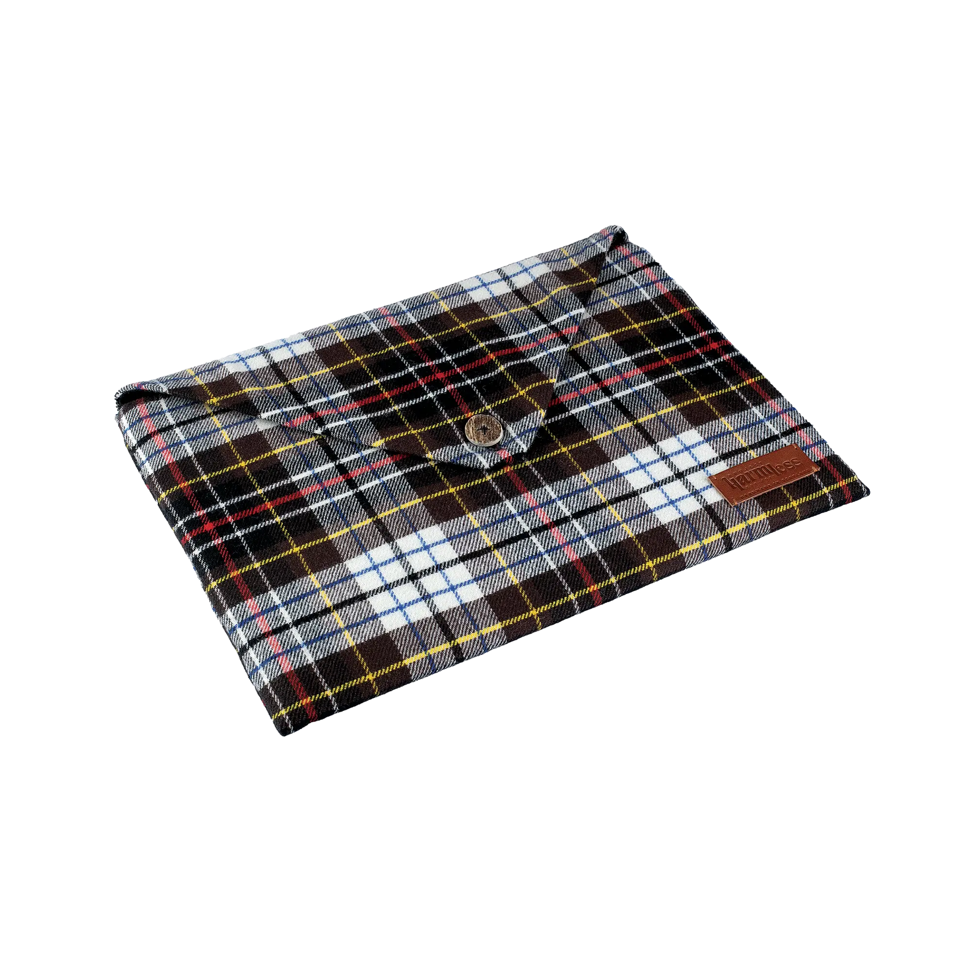 Harmless Atelier tartan MacBook Air case side view showing pure wool lining and deer antler button closure handmade in the Scottish Borders Scotland