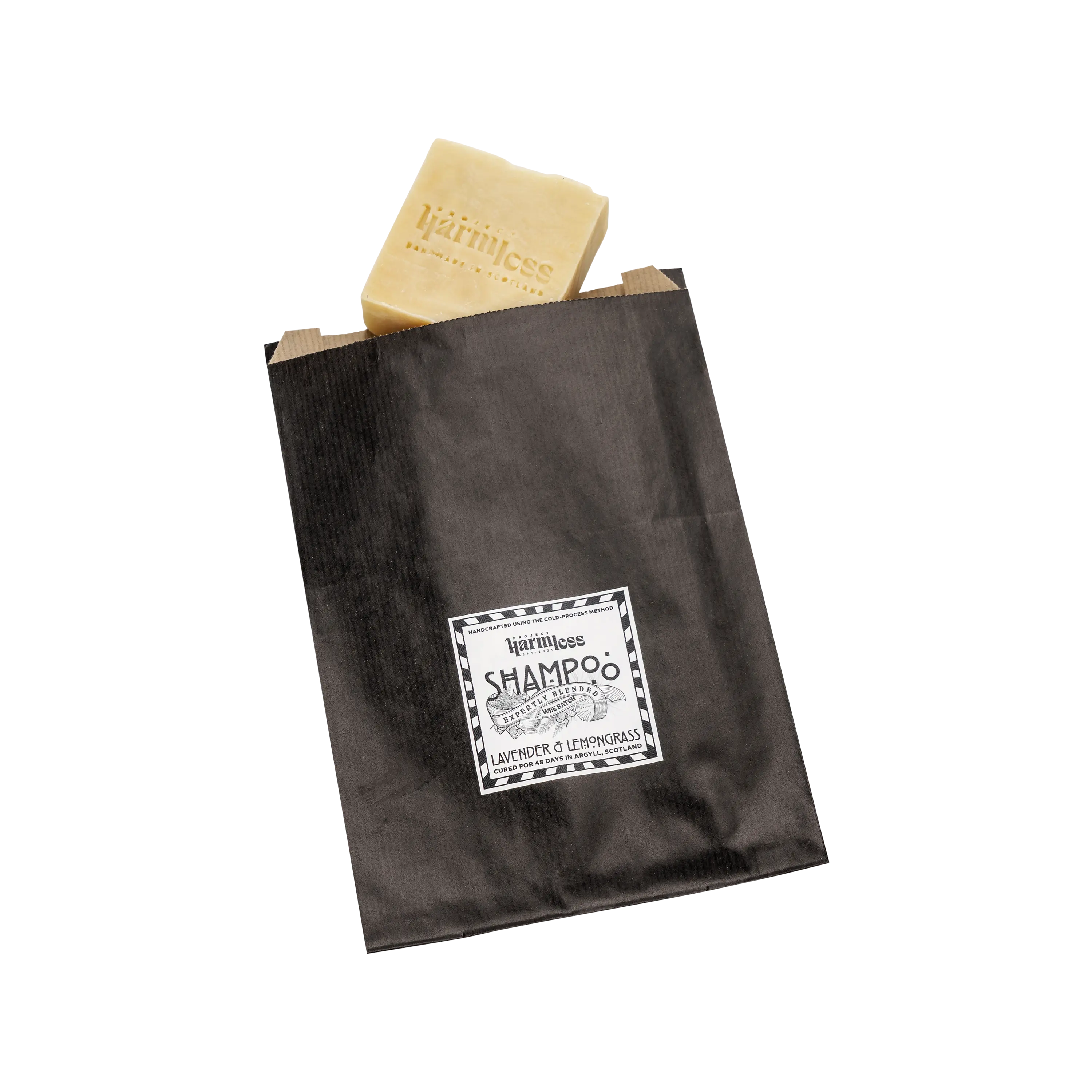 Project Harmless Lavender & Lemongrass Shampoo Bar in minimal eco-friendly packaging – handmade plastic-free solid hair care bar, vegan and slow-cured in Scotland.