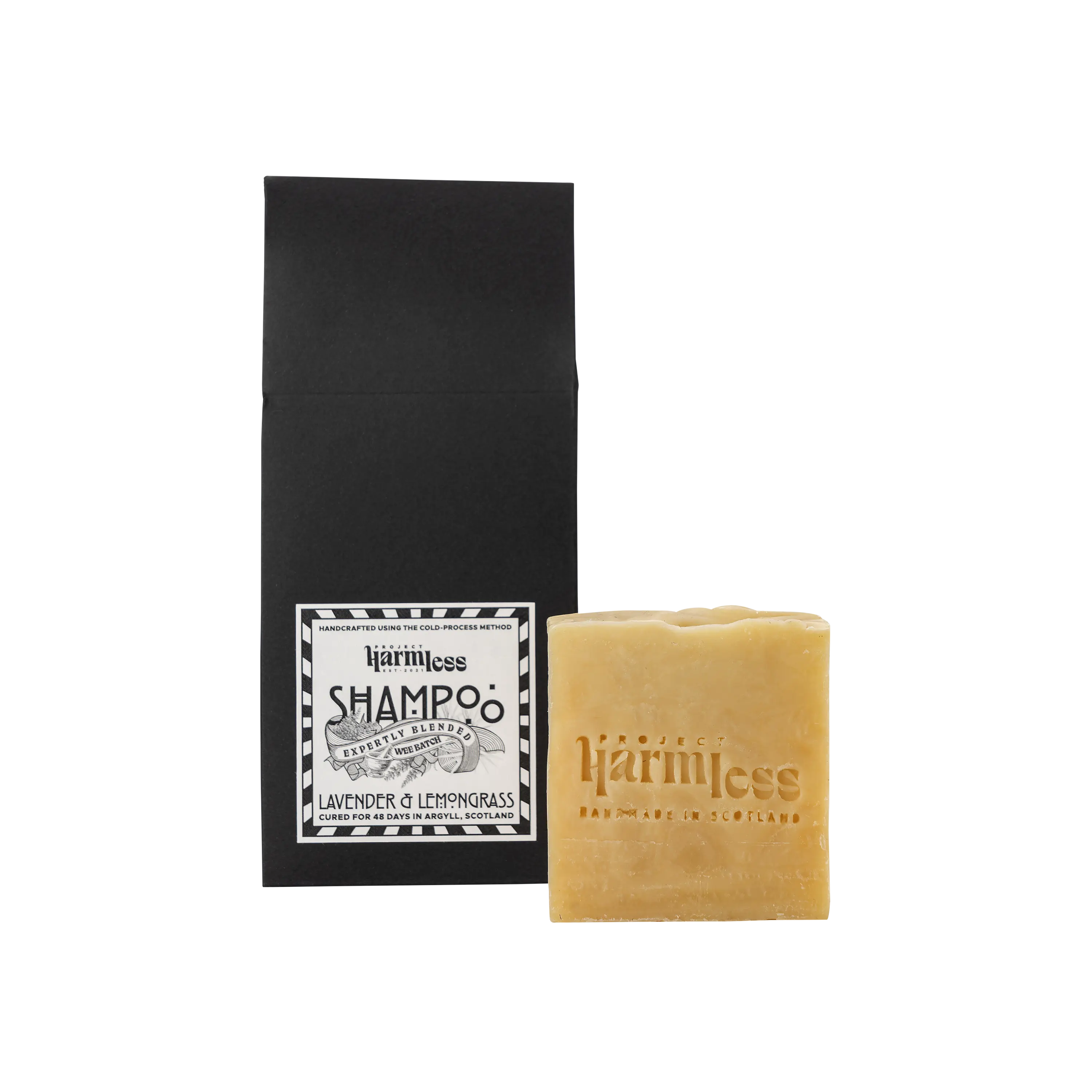 Project Harmless Lavender & Lemongrass Shampoo Bar with premium eco-friendly gift packaging – handmade organic essential oil shampoo bar, vegan and sustainable from Scotland.