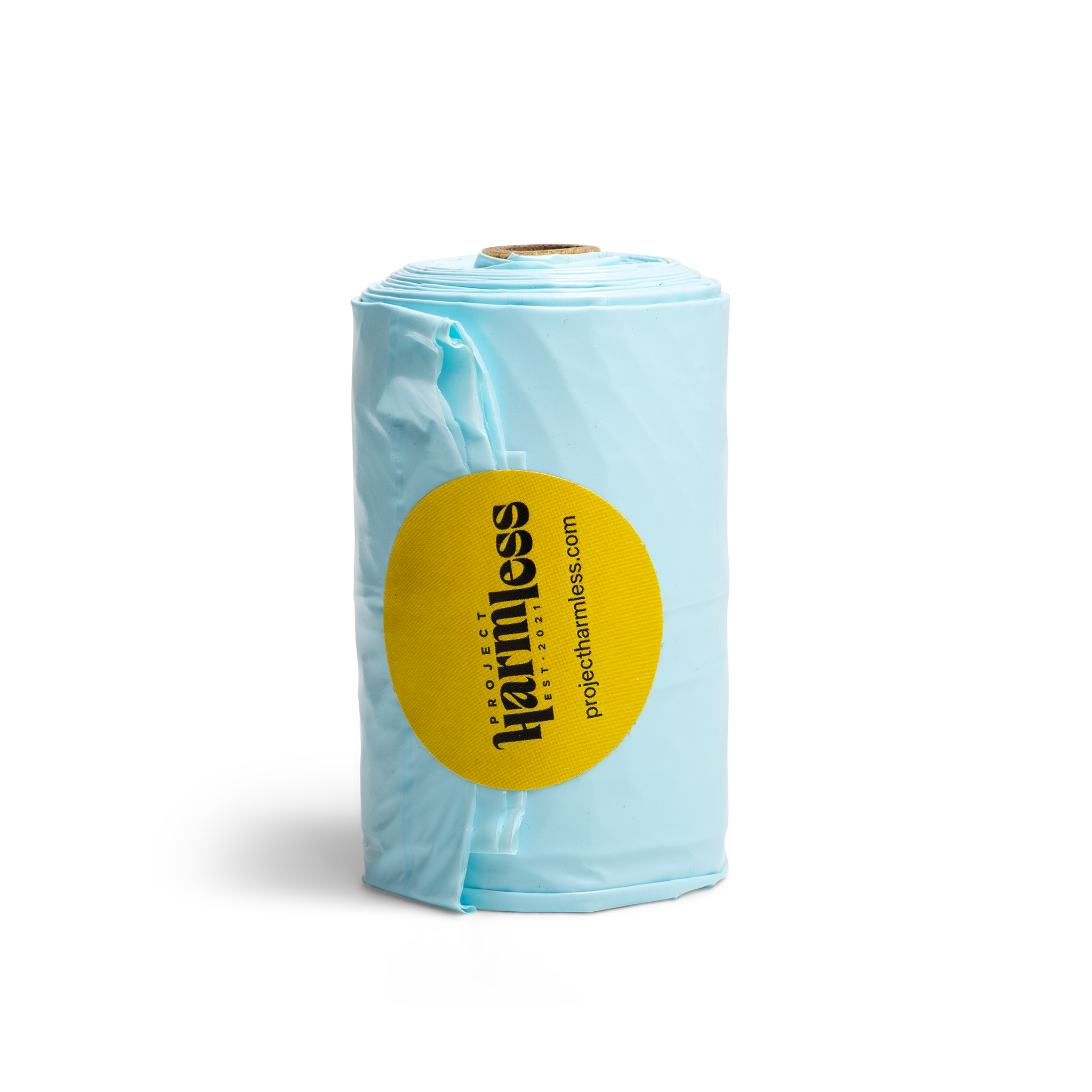 Close-up of a single Harmless dissolvable dog poo bag roll, 10 bags