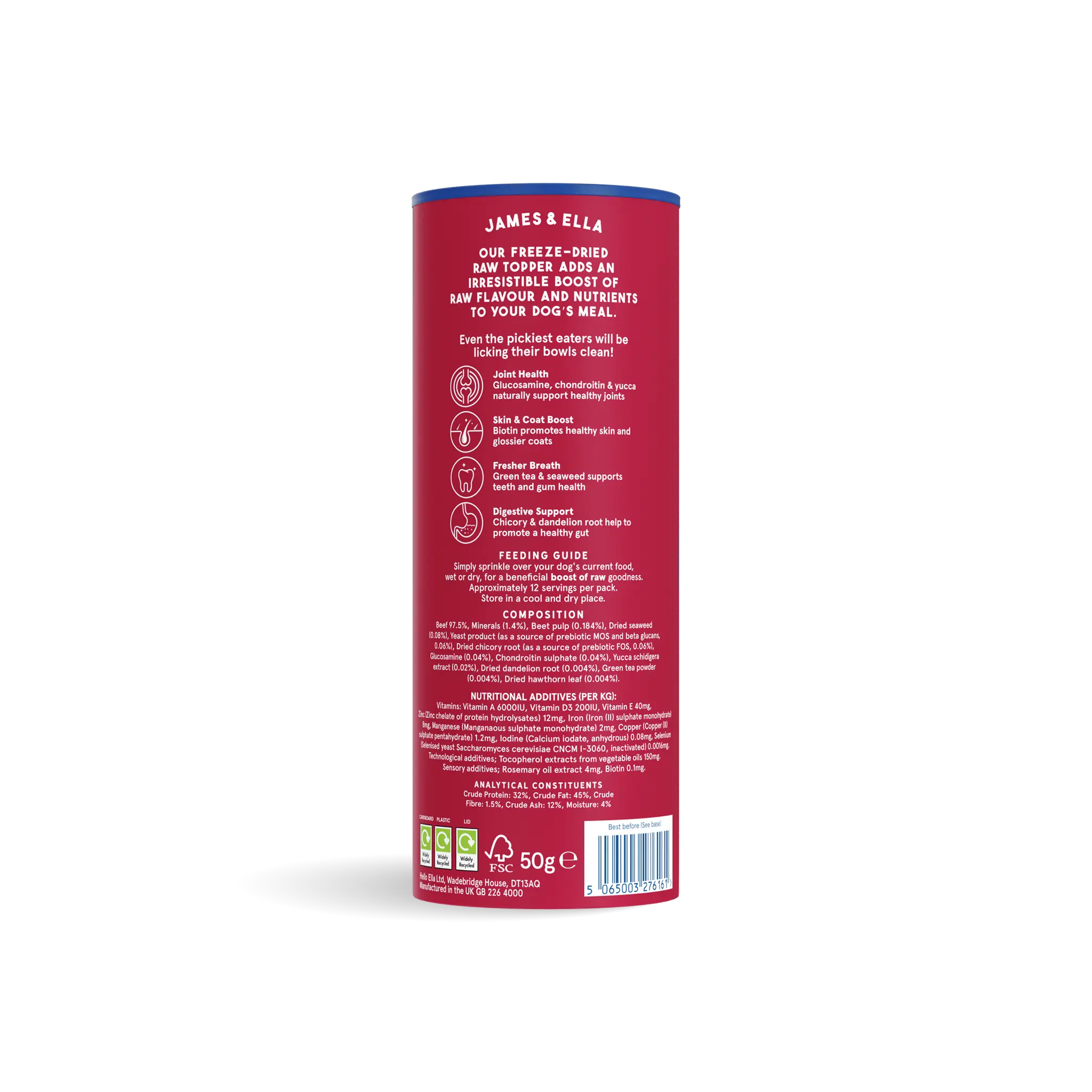 James and Ella freeze-dried grass-fed beef dog topper ingredients and nutritional information