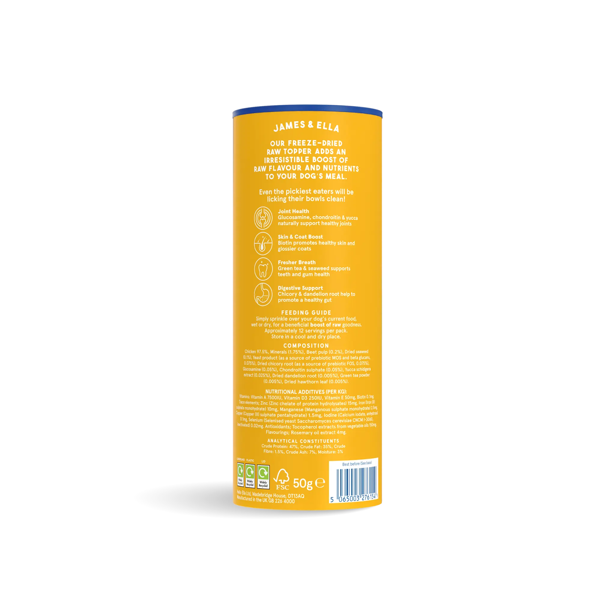 James and Ella freeze-dried raw chicken dog topper ingredients and nutritional information