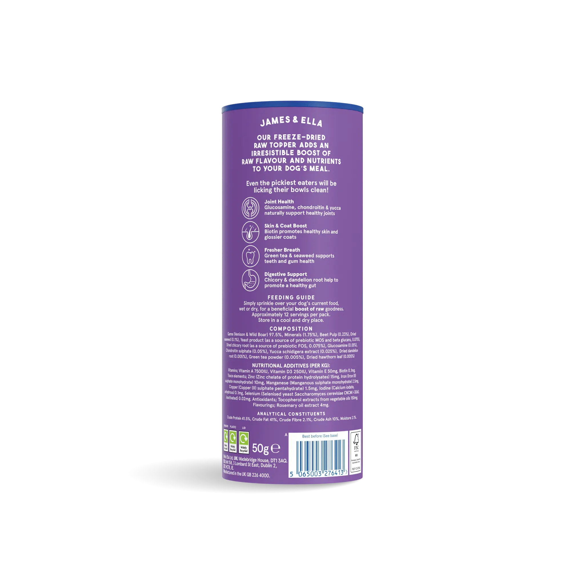 James and Ella freeze-dried venison and wild boar dog topper ingredients and nutritional information