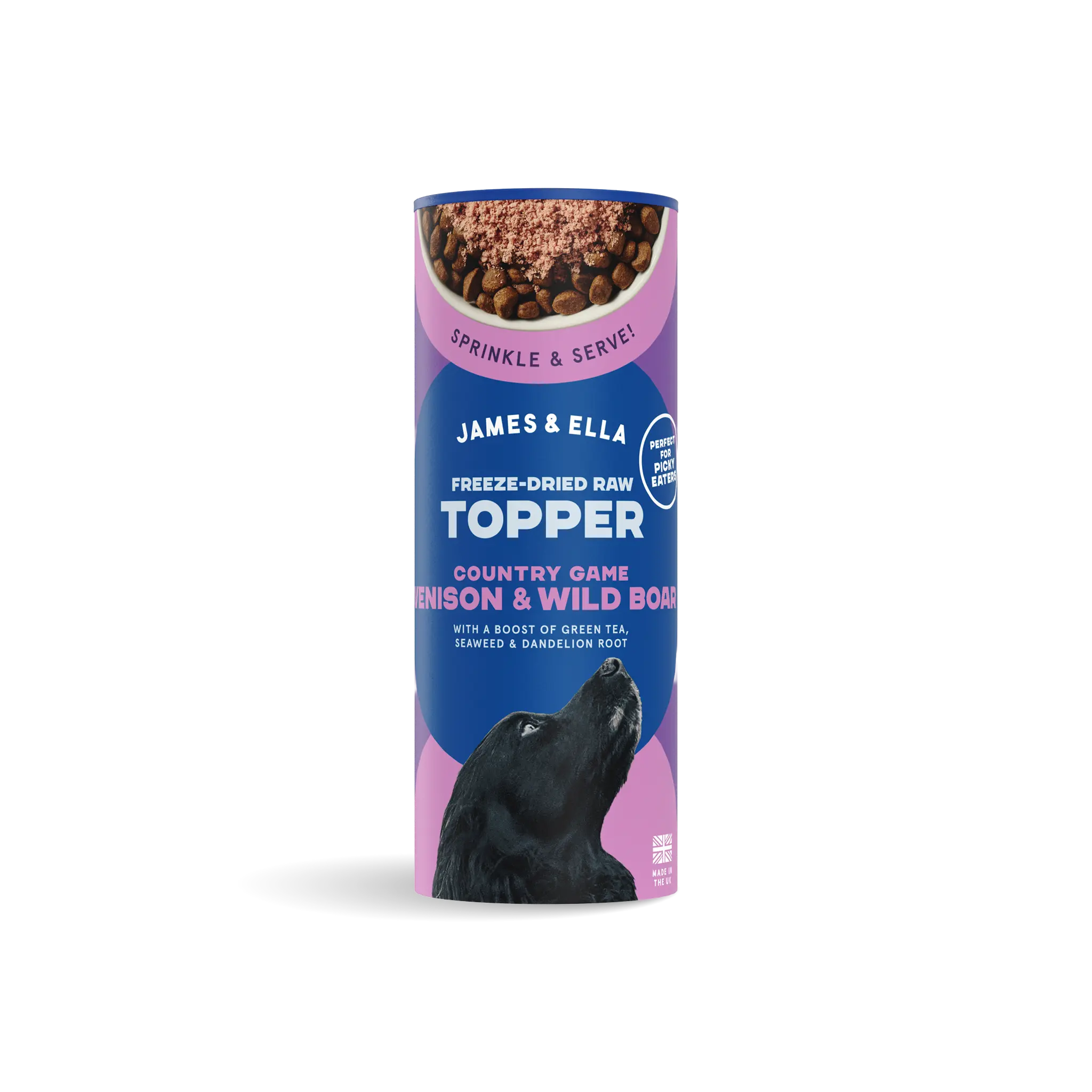 James and Ella freeze-dried venison and wild boar raw dog topper 50g tube front