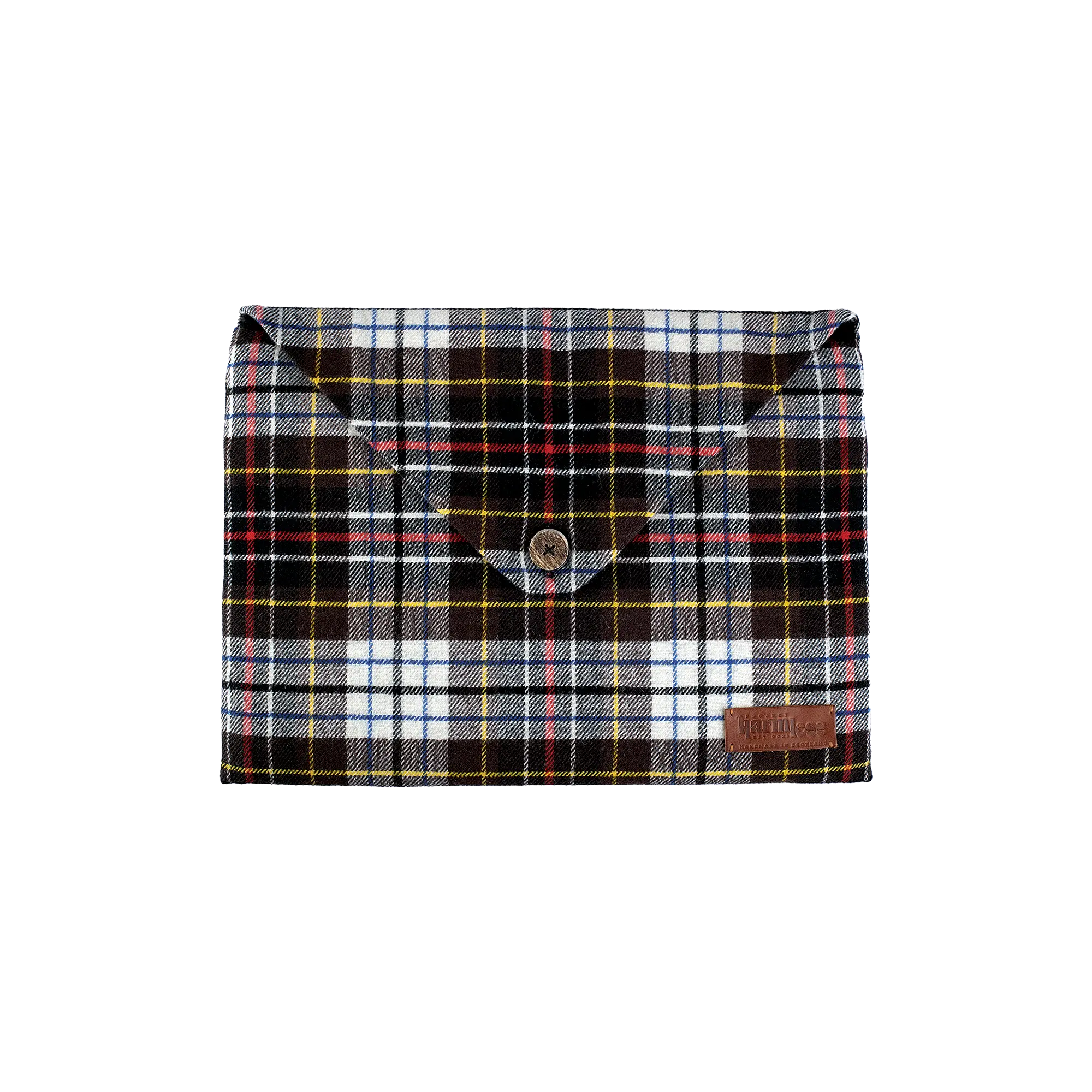 Harmless Atelier 1970 Commonwealth Games MacBook Air Tartan Case – handcrafted by Project Harmless in Scotland, made from limited-edition wool fabric.