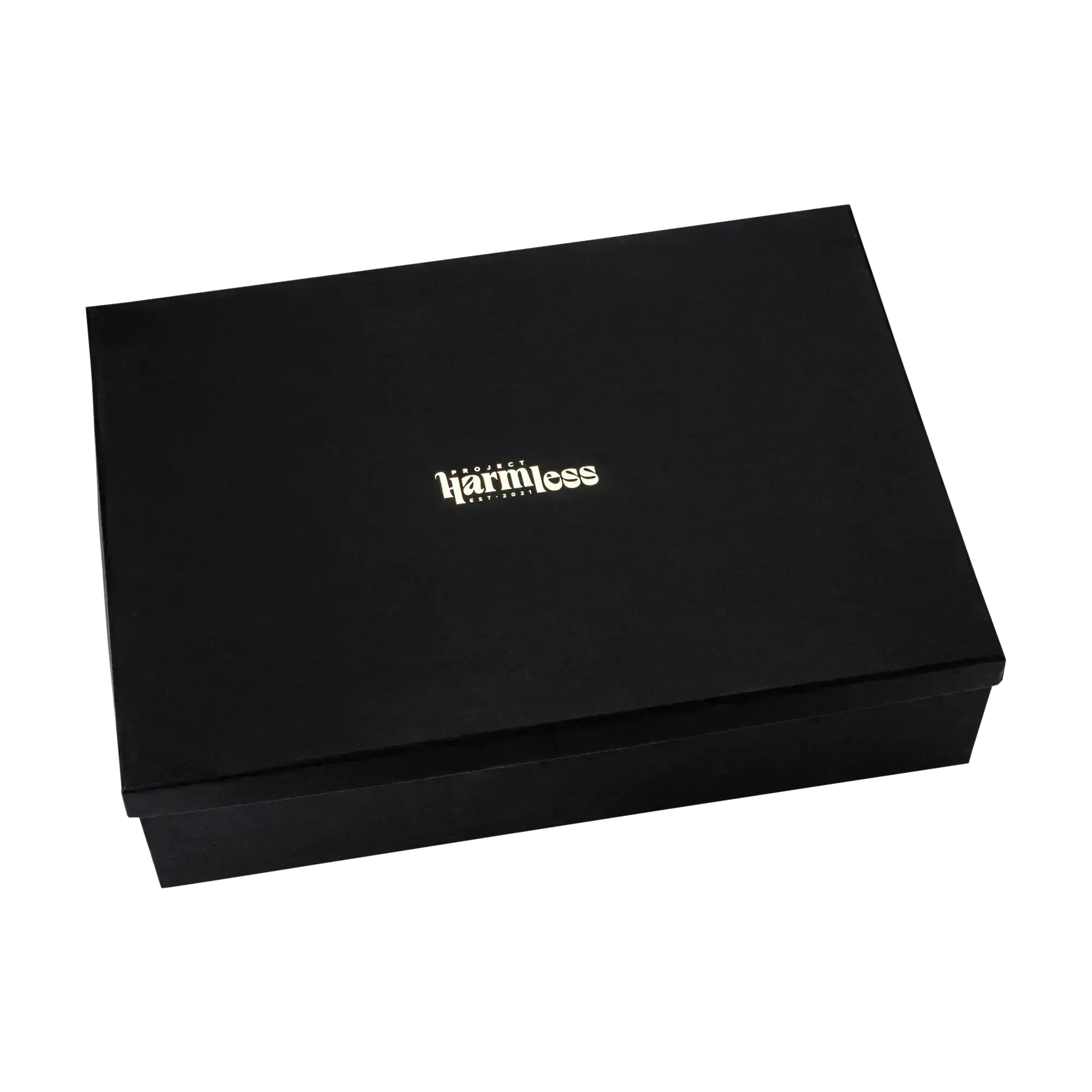 Project Harmless black gift box with gold foil stamp presentation packaging