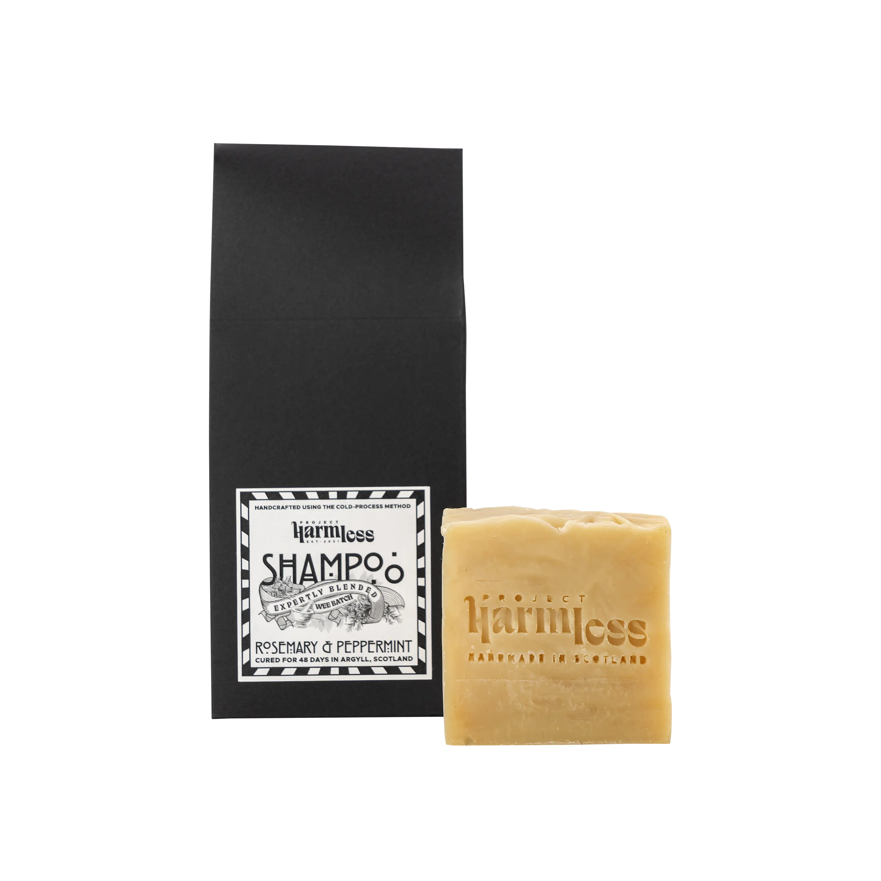 Rosemary & Peppermint Shampoo Bar with premium eco-friendly gift packaging – handmade organic hair care bar by Project Harmless, vegan and sustainable from Scotland.