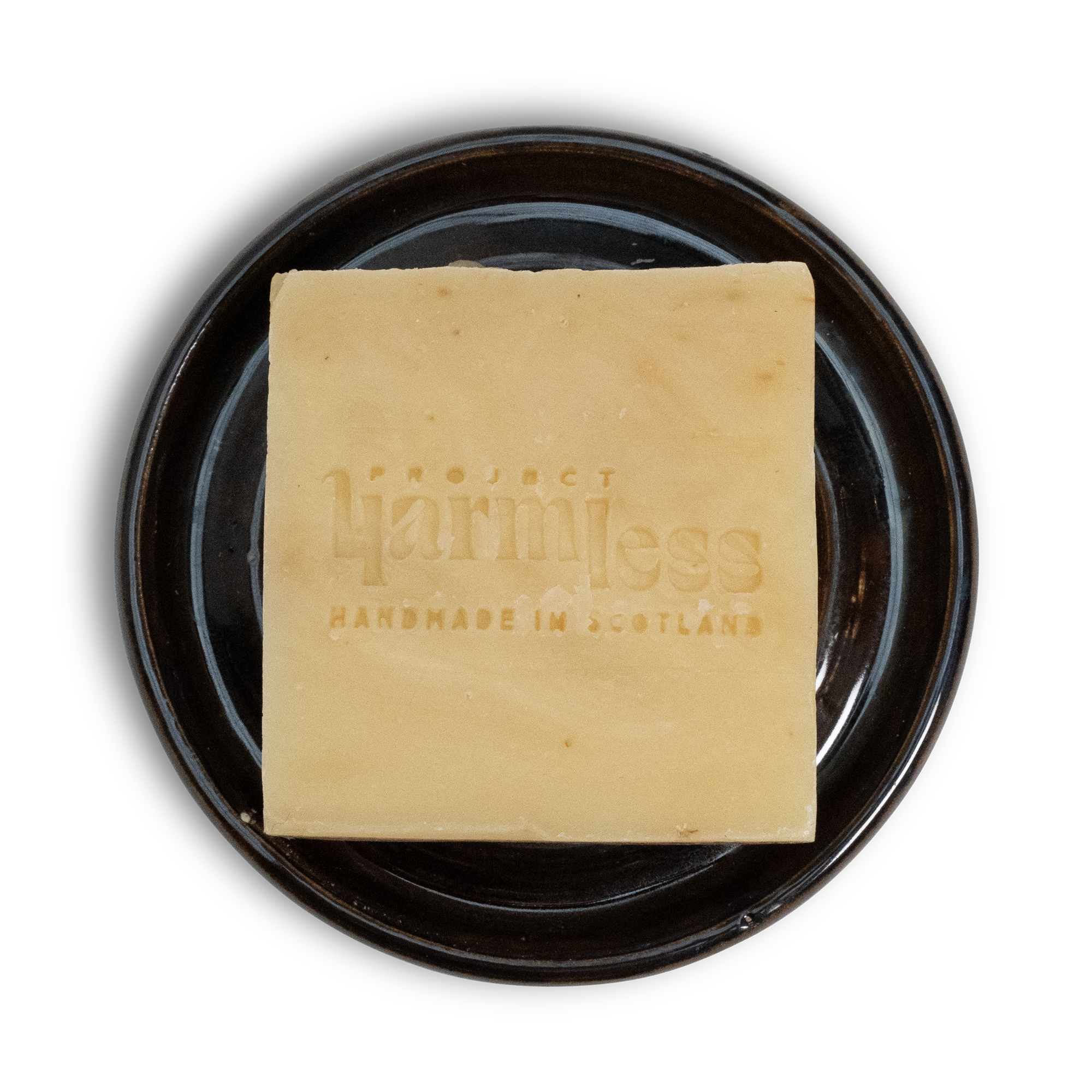 Project Harmless handmade stoneware soap dish with a Project Harmless handmade soap bar, crafted in Edinburgh, Scotland by a local ceramic artist.