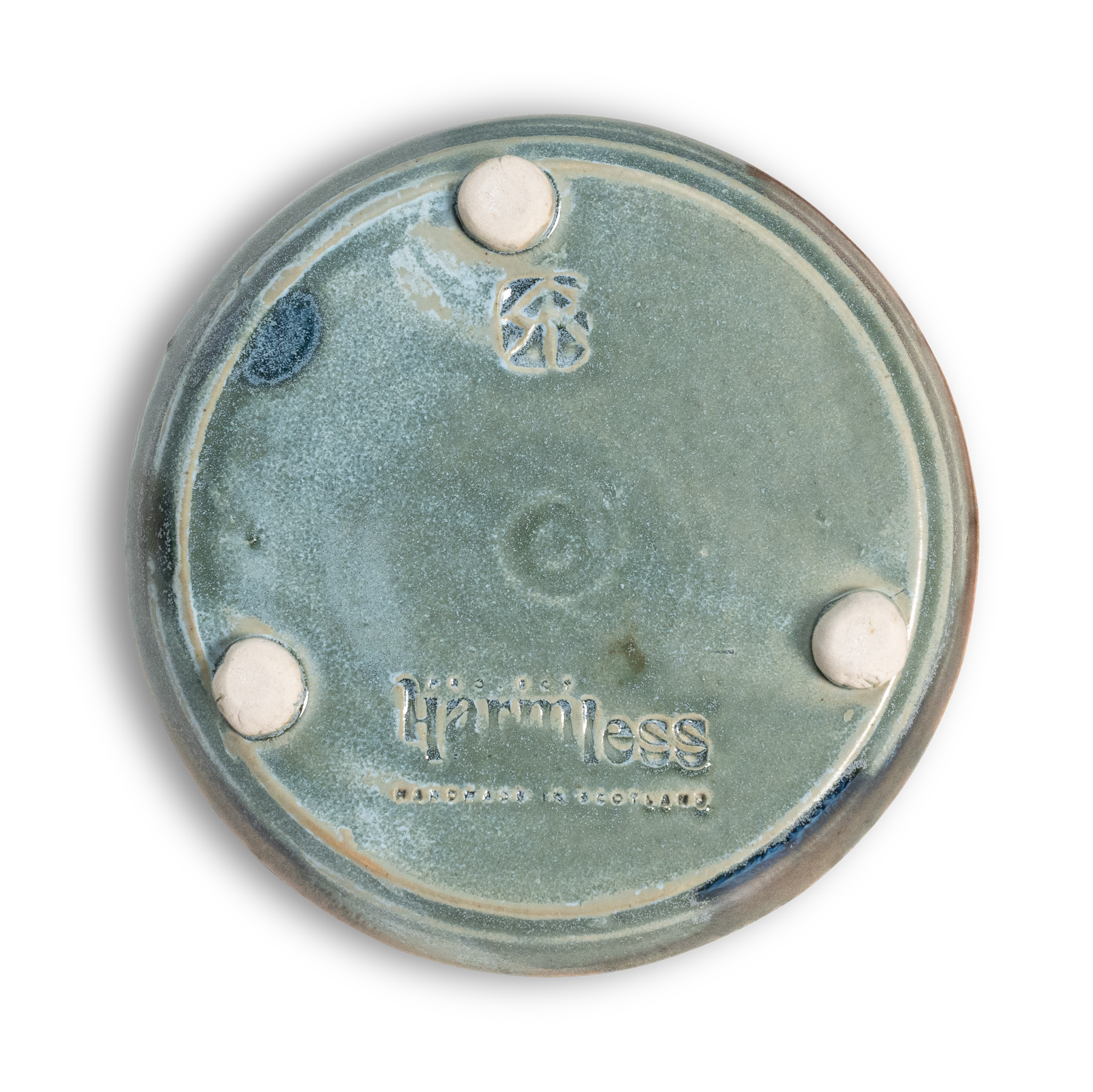 Base view of Project Harmless handmade Sea Mist stoneware soap dish, showing hand-thrown detail and artisan finish from Edinburgh, Scotland.