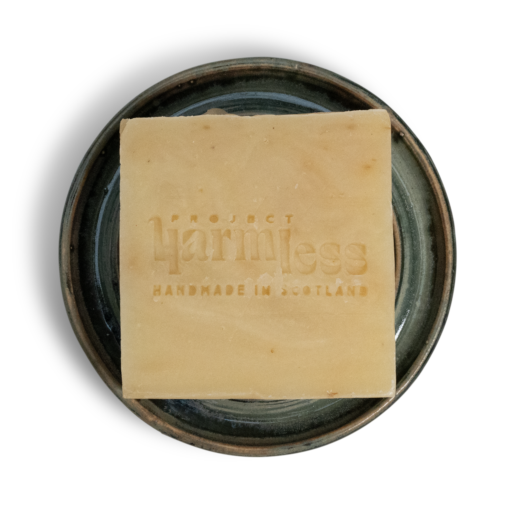 Project Harmless handmade stoneware soap dish with a Project Harmless soap bar, handcrafted in Edinburgh, Scotland by a local ceramic artist.