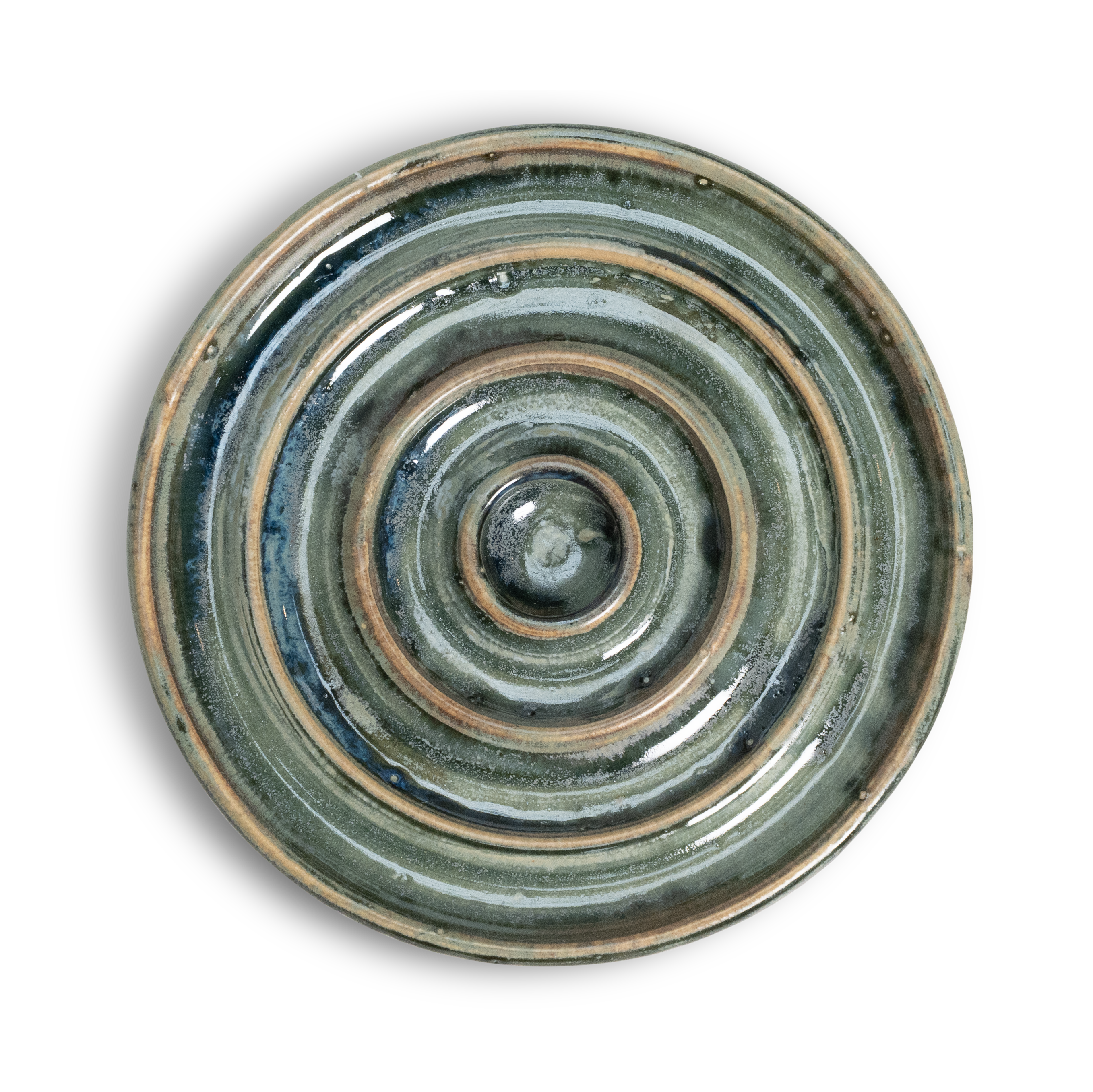 Top view of Project Harmless handmade stoneware soap dish in Sea Mist green-blue glaze, crafted in Edinburgh, Scotland by local ceramic artist Fiona Reid.