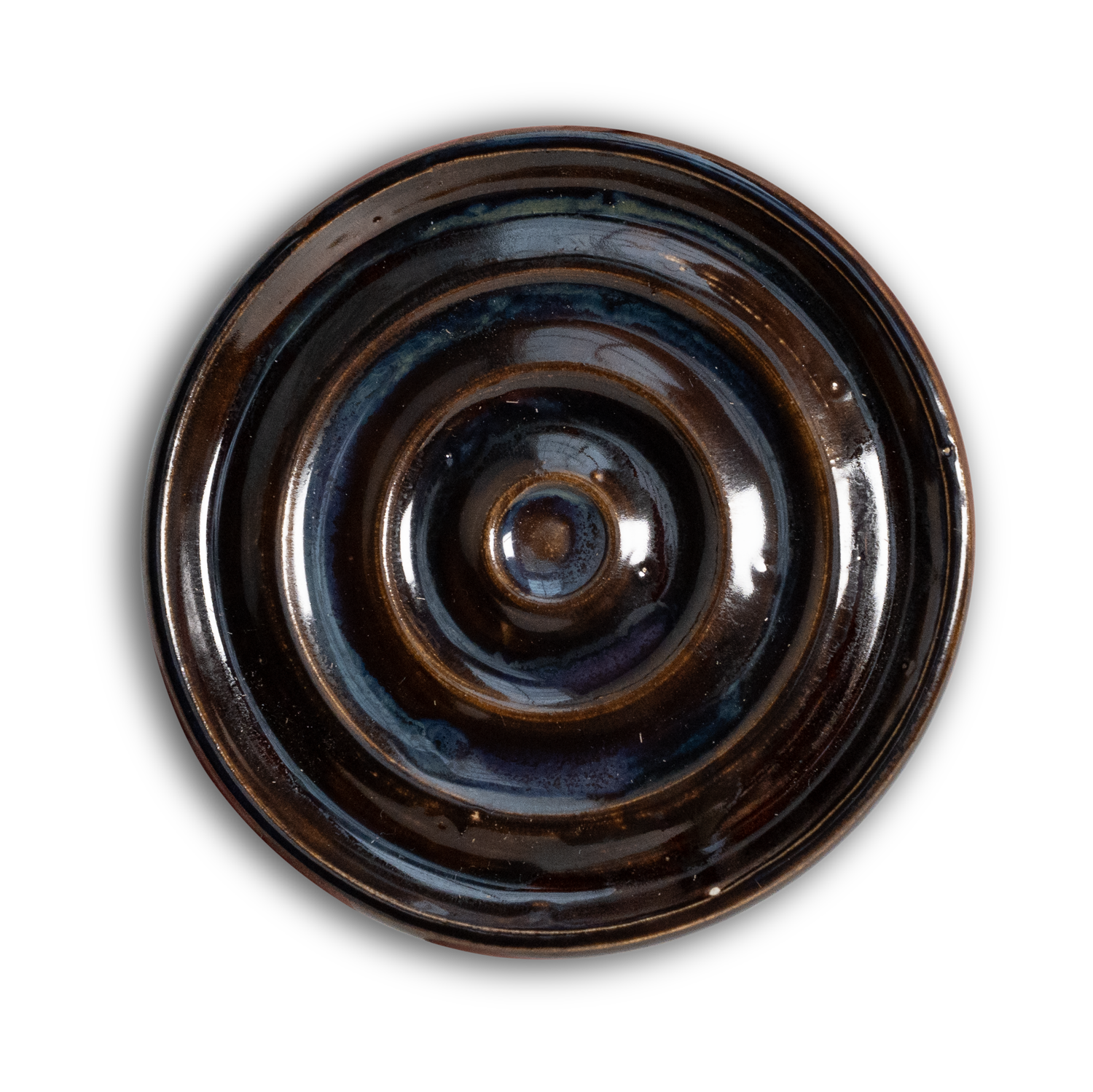 Top view of Project Harmless handmade stoneware soap dish in Northern Woods brown-blue glaze, crafted in Edinburgh, Scotland by a local ceramic artist.